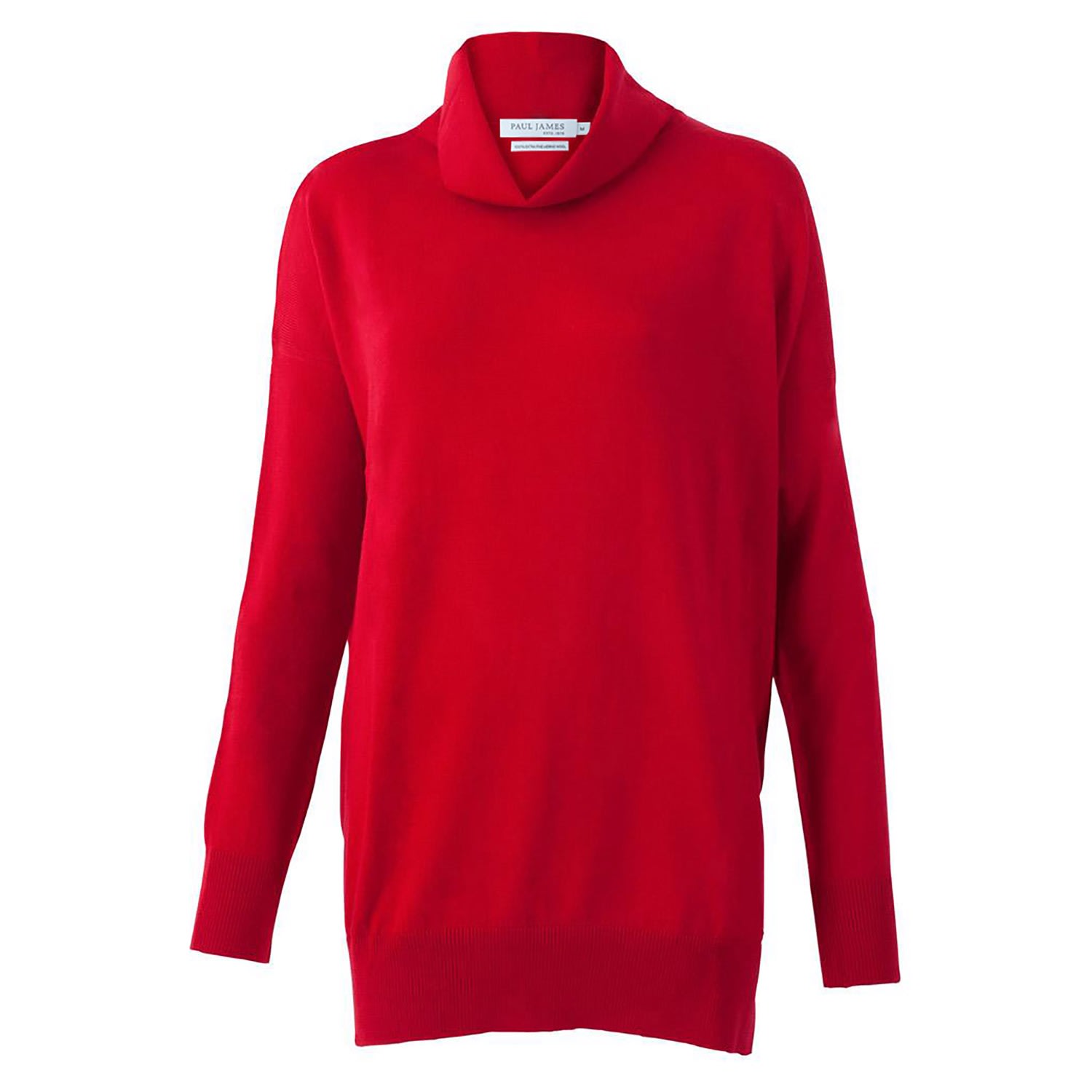 Womens Pure Extra Fine Merino Wool Oversized Henrietta Roll Neck Jumper - Red Large Paul James Knitwear