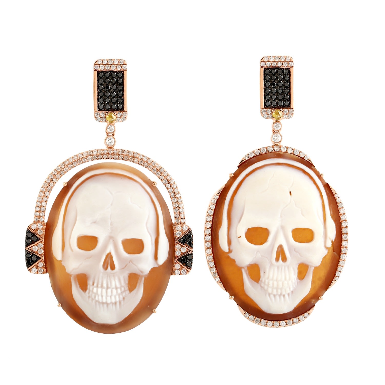 Women’s White / Rose Gold Shell Cameos Rose Gold Diamond Skull Dangle Earrings Artisan