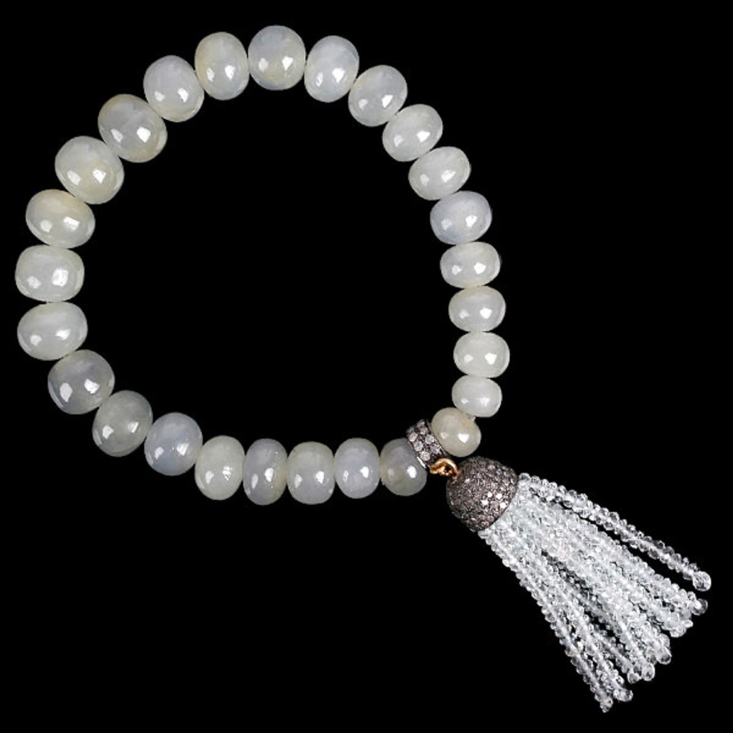 Women’s 18K Gold & 925 Silver In Aquamarine With White Sapphire Pave Diamond Beaded Tassel Bracelet Artisan