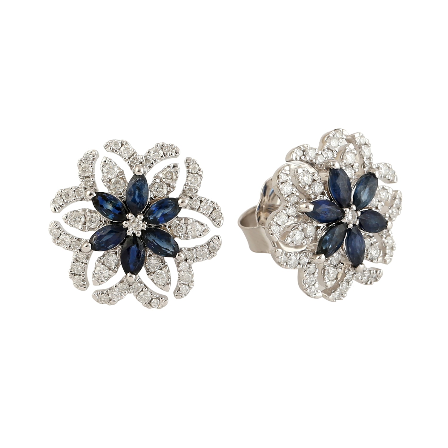 Women’s White / Blue Blue Sapphire & White Diamond With 18K White Gold Flower Stud Earrings Artisan