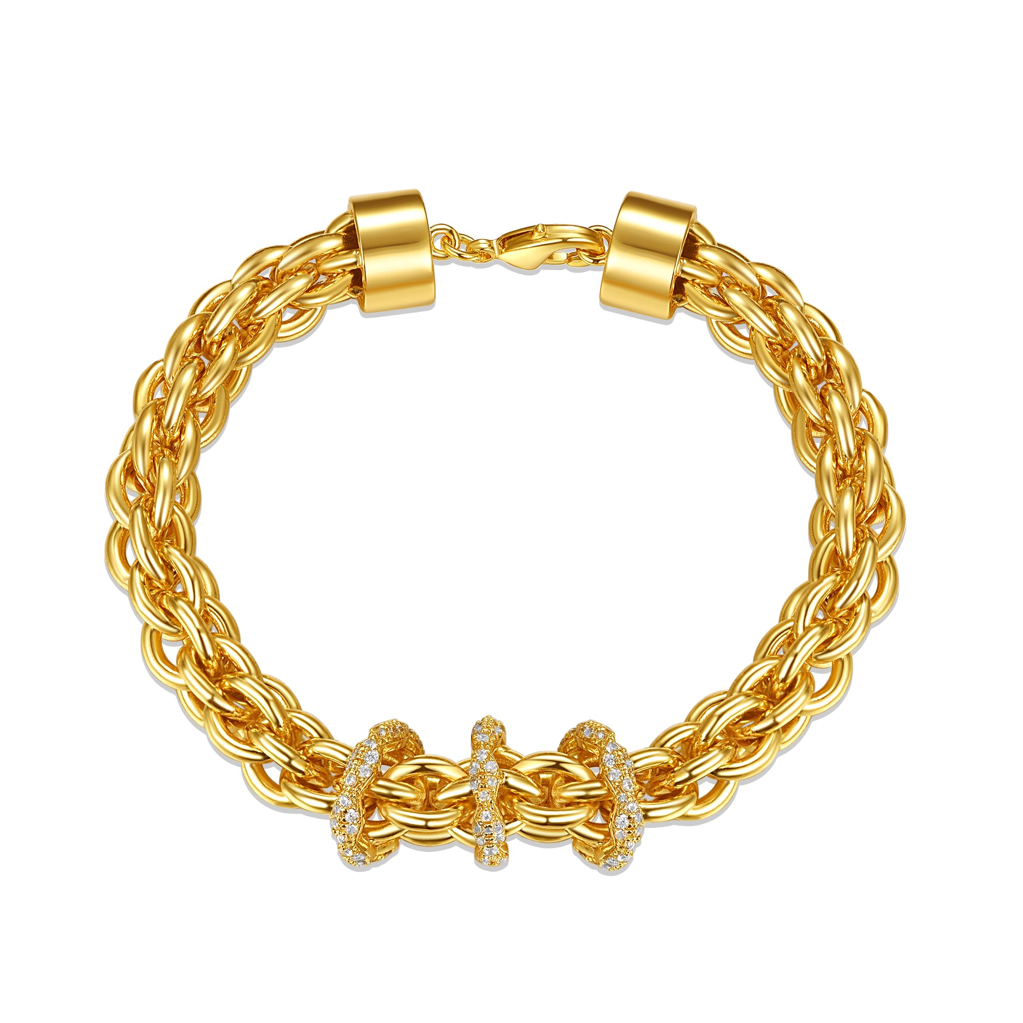 Women’s Gold / White Rachel Glauber Yellow Gold Plated With Cubic Zirconia Triple Circle Round Woven Braided Link Chain Bracelet Genevive Jewelry