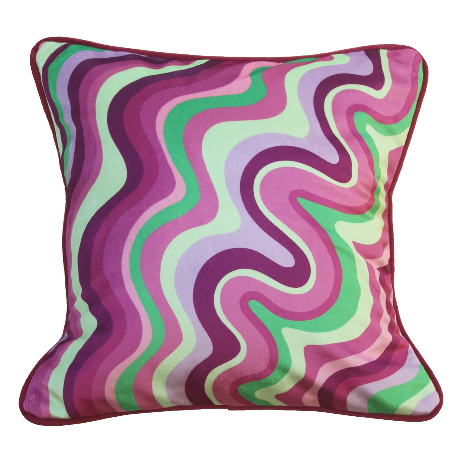 Green / Pink / Purple Colourful Velvet Piped Cushion - Green & Pink Wavy Ellie Pearce Textiles
