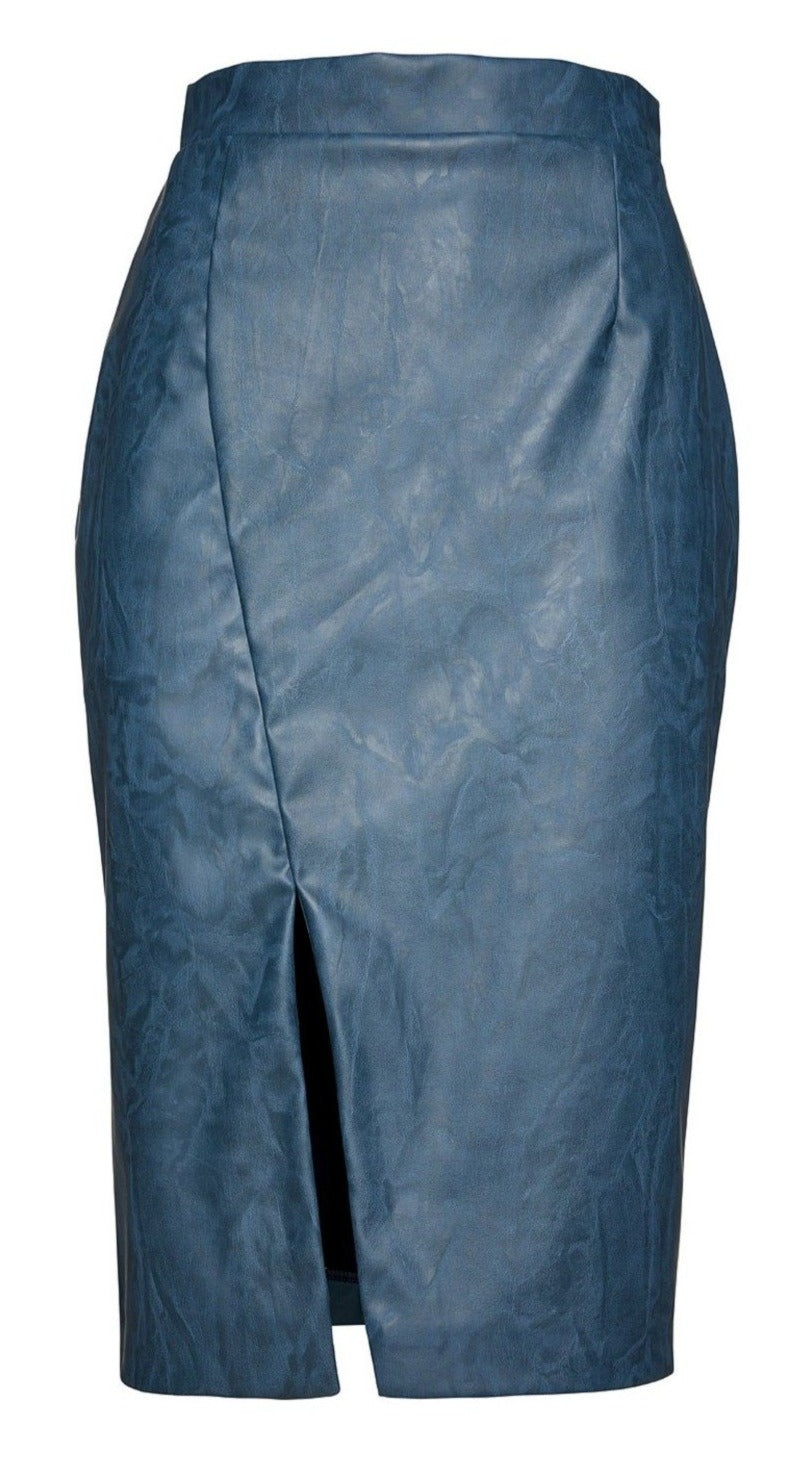 Women’s Blue Indigo Faux Leather Pencil Skirt Large Conquista