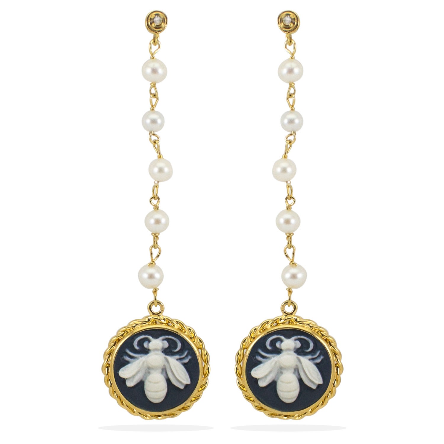 Women’s Black Bee Cameo & Pearls Earrings Vintouch Italy