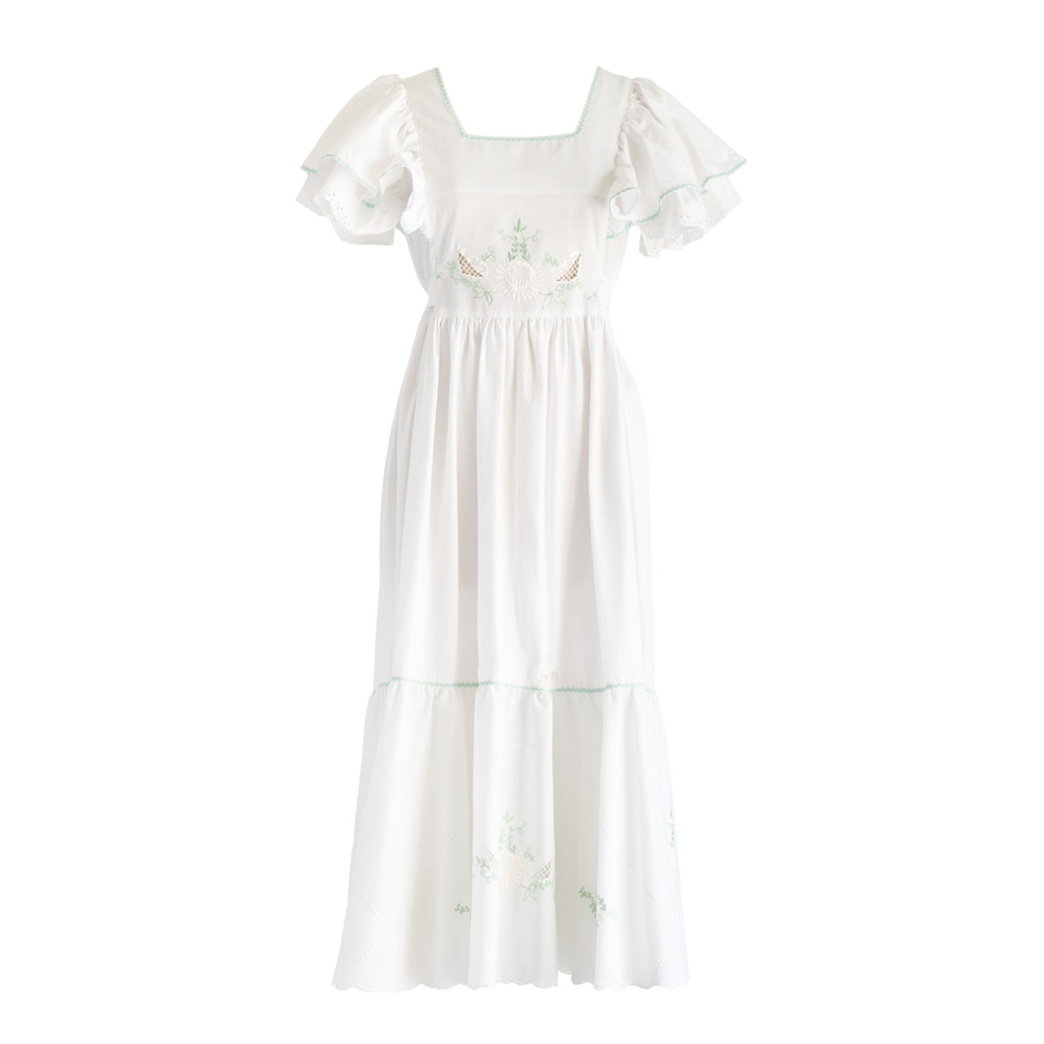 Women’s White Re-Design Upcycled Hand Embroidered Green Border Maxi Dress Large Sugar Cream Vintage