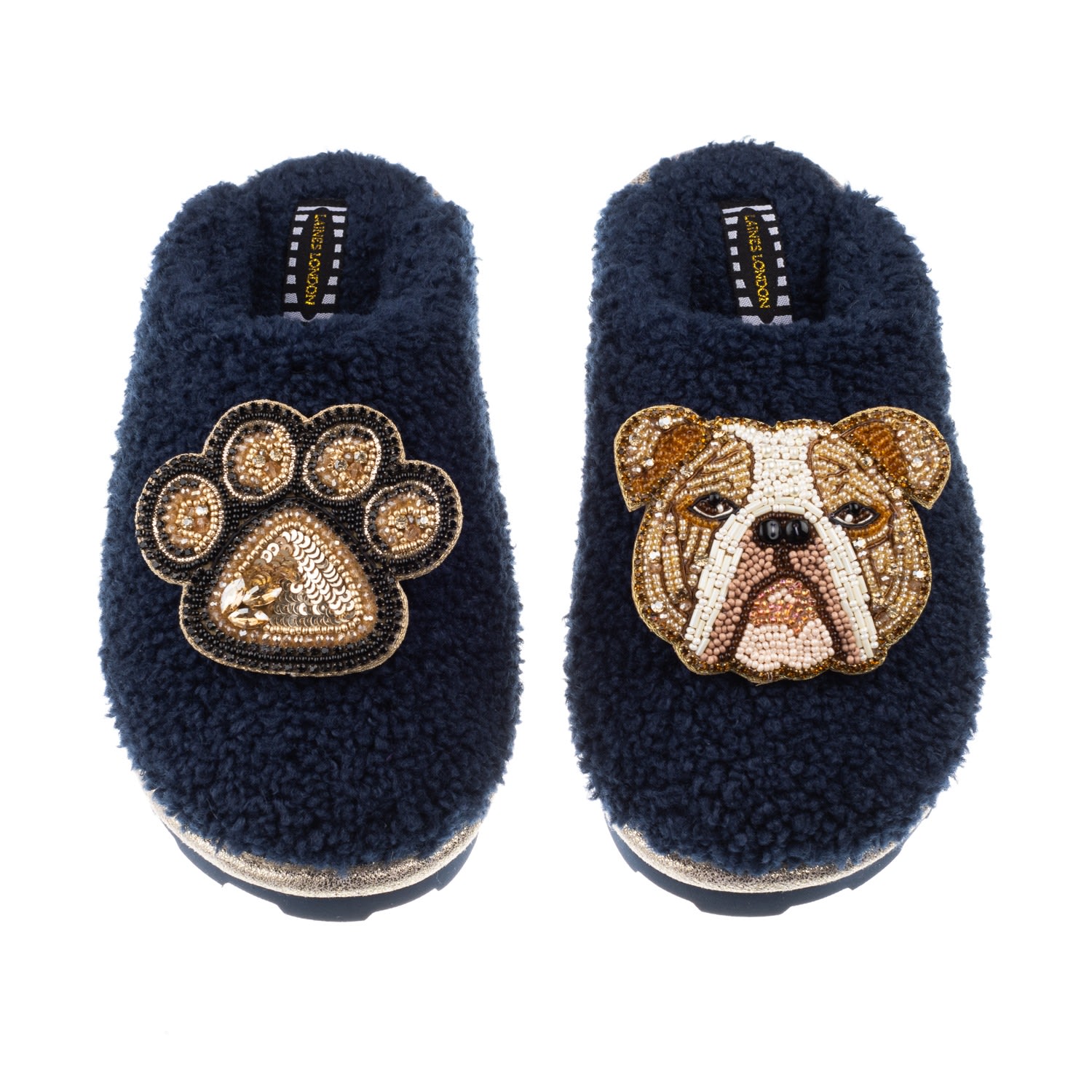 Women’s Blue Teddy Towelling Closed Toe Slippers With Mr Beefy Bulldog & Paw Brooch - Navy Small Laines London