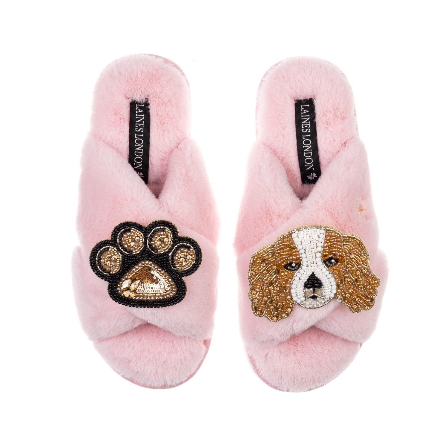 Pink / Purple Classic Laines Slippers With Lady Spaniel & Paw Brooches - Pink Medium Laines London