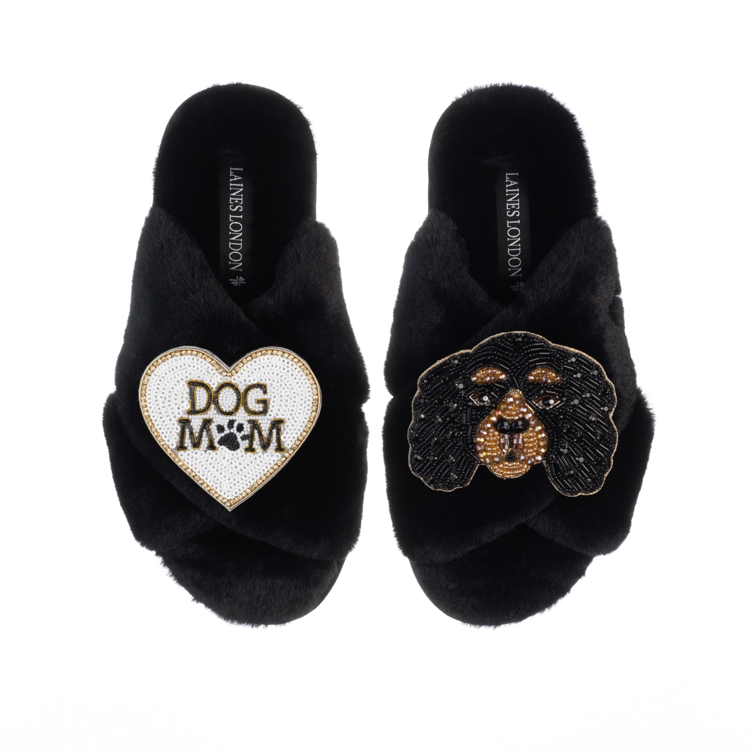 Women’s Classic Laines Slippers With Louie The King Charles & Dog Mum / Mom Brooches - Black Small Laines London