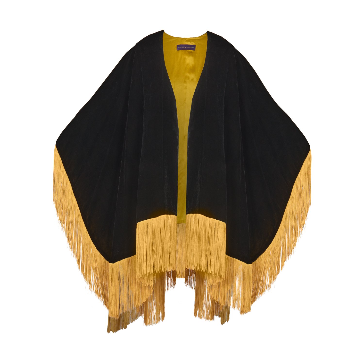 Women’s Gold / Black The Golden Age Silk Velvet Poncho With Fringes/Tassels One Size Mirayama