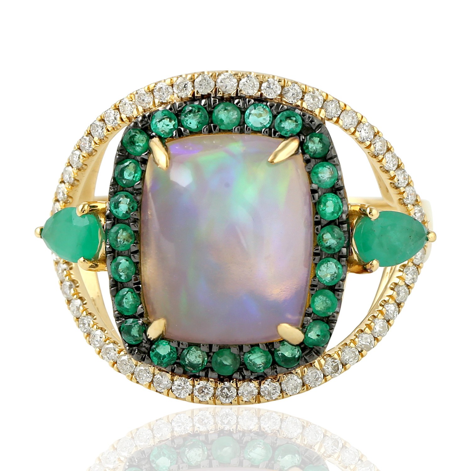 Women’s Gold / Green 18Kt Yellow Gold Pave Diamond Natural Emerald Opal Ethiopian Ring Artisan