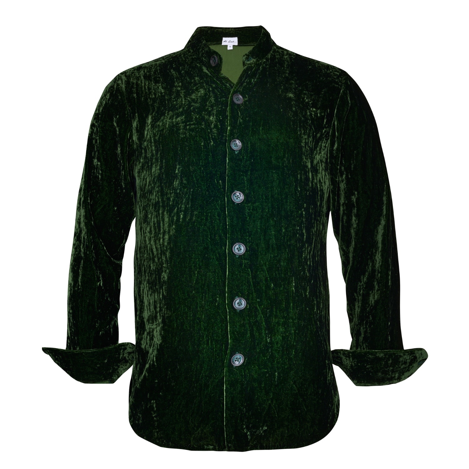 Silk Velvet Men’s Shirt In Forest Green With Mandarin Collar Small At Last...