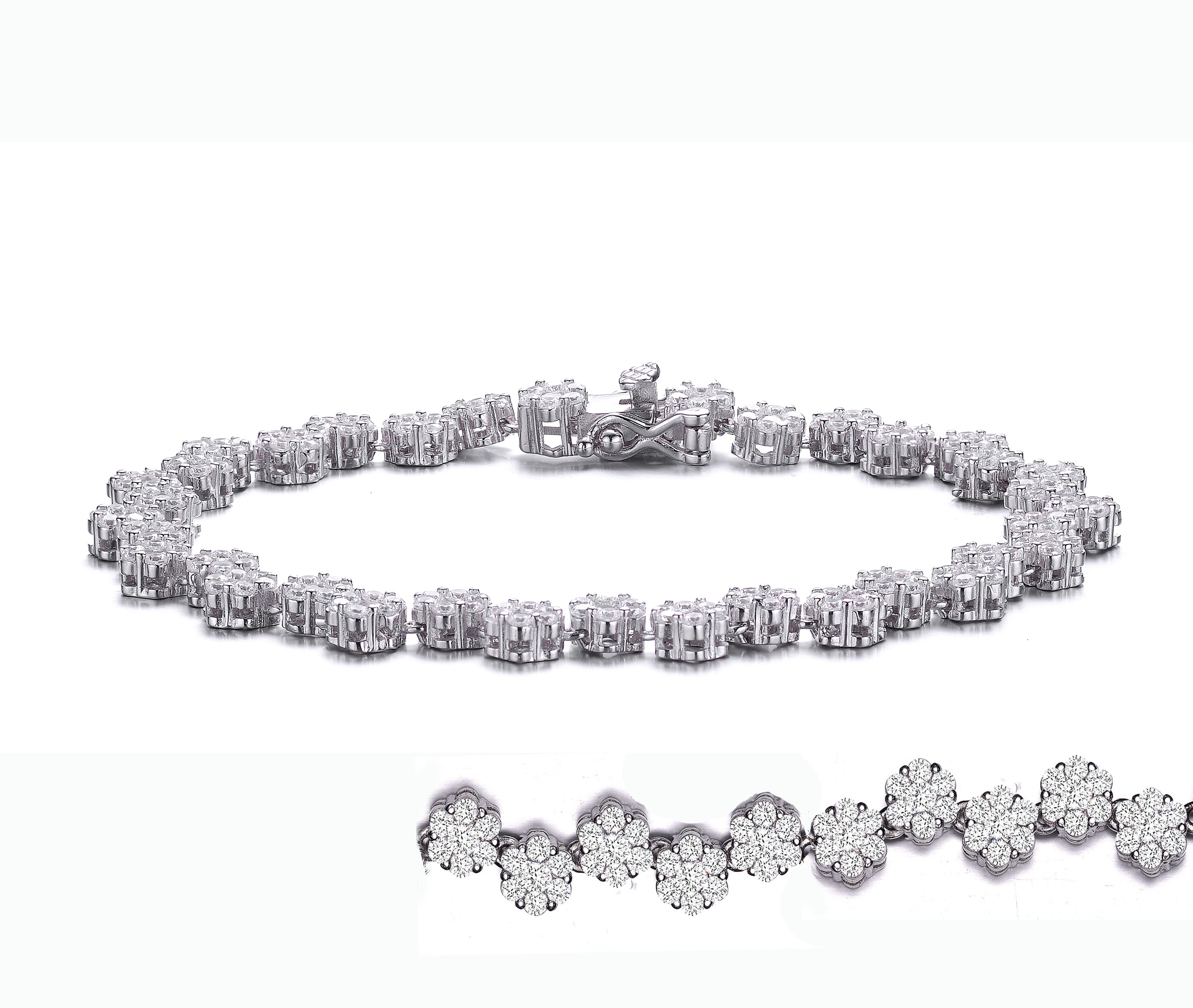 Women’s White / Silver Sterling Silver With Rhodium Plated Clear Round Cubic Zirconia Cluster Flower Link Bracelet Genevive Jewelry