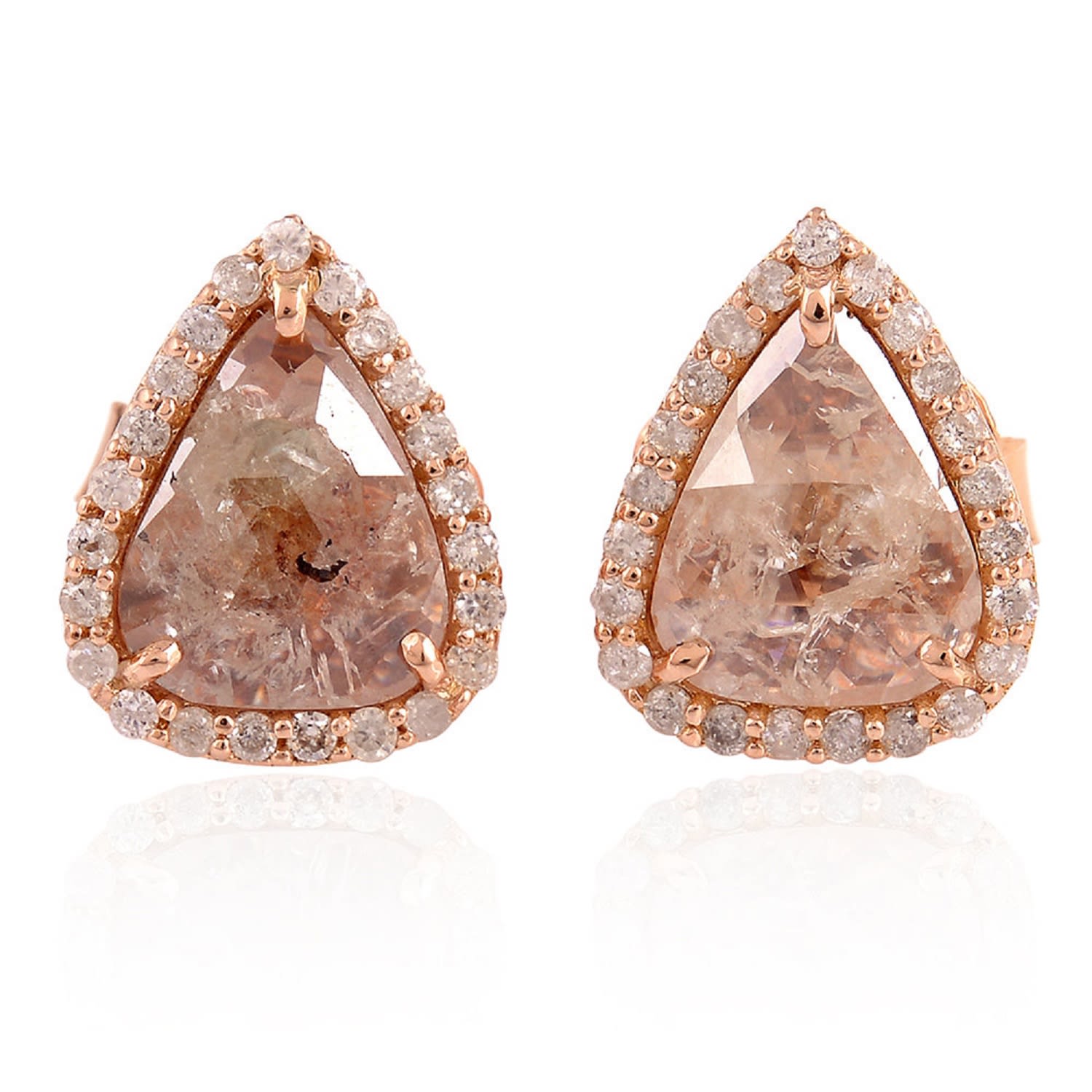 Women’s Pink / Purple / Brown Solid 18K Rose Gold In Pear Cut Natural Ice Diamond Antique Stud Earrings Artisan