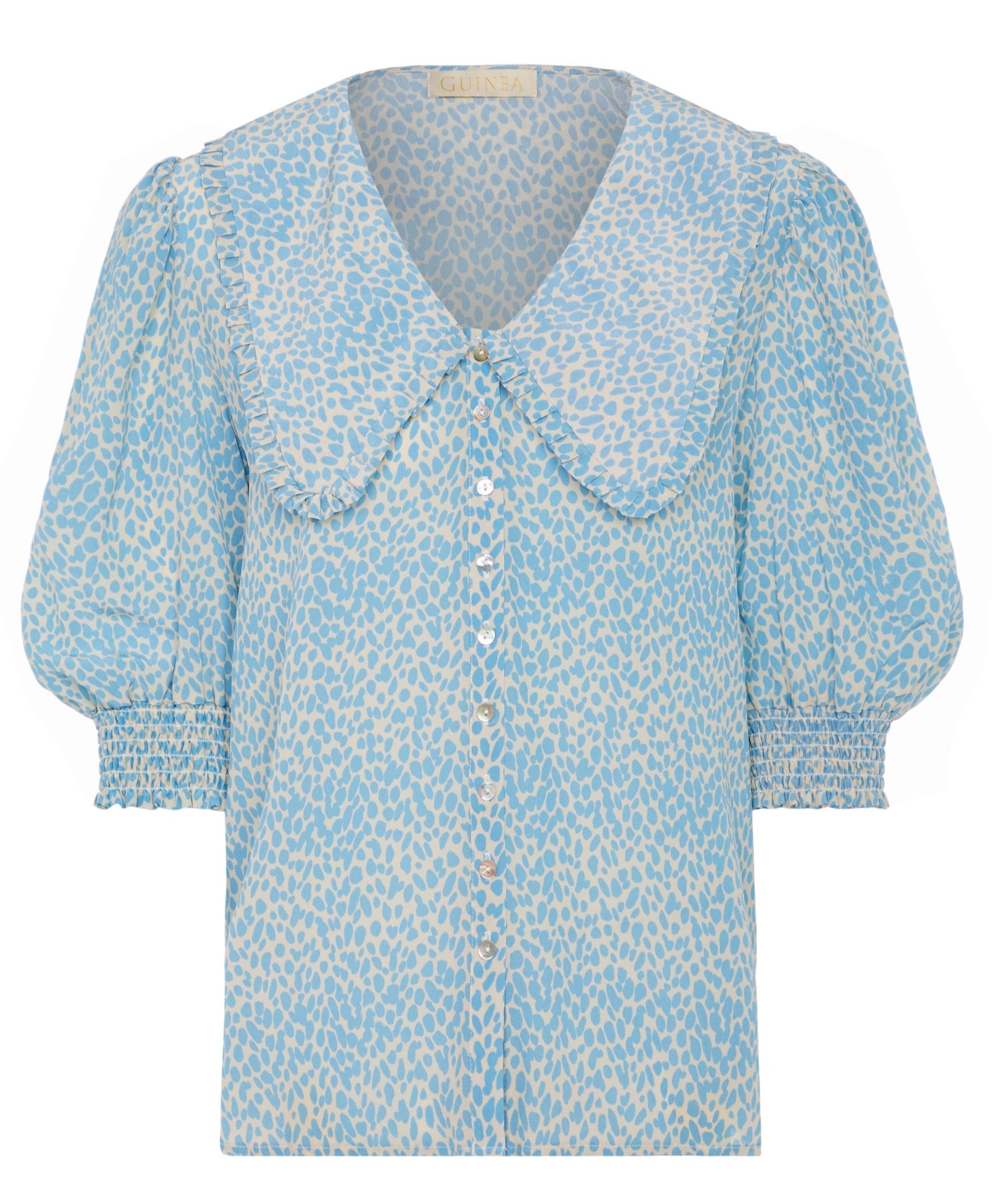 Women’s Blue / White Pure Silk Frill Blouse In Teal Blue Print Large Guinea