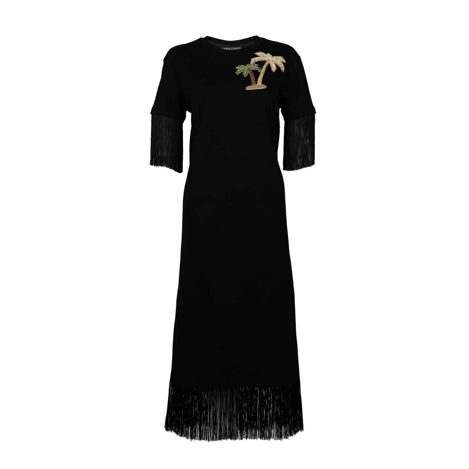 Women’s Laines Couture Fringed Tassel Dress With Embellished Palm Tree - Black L/Xl Laines London