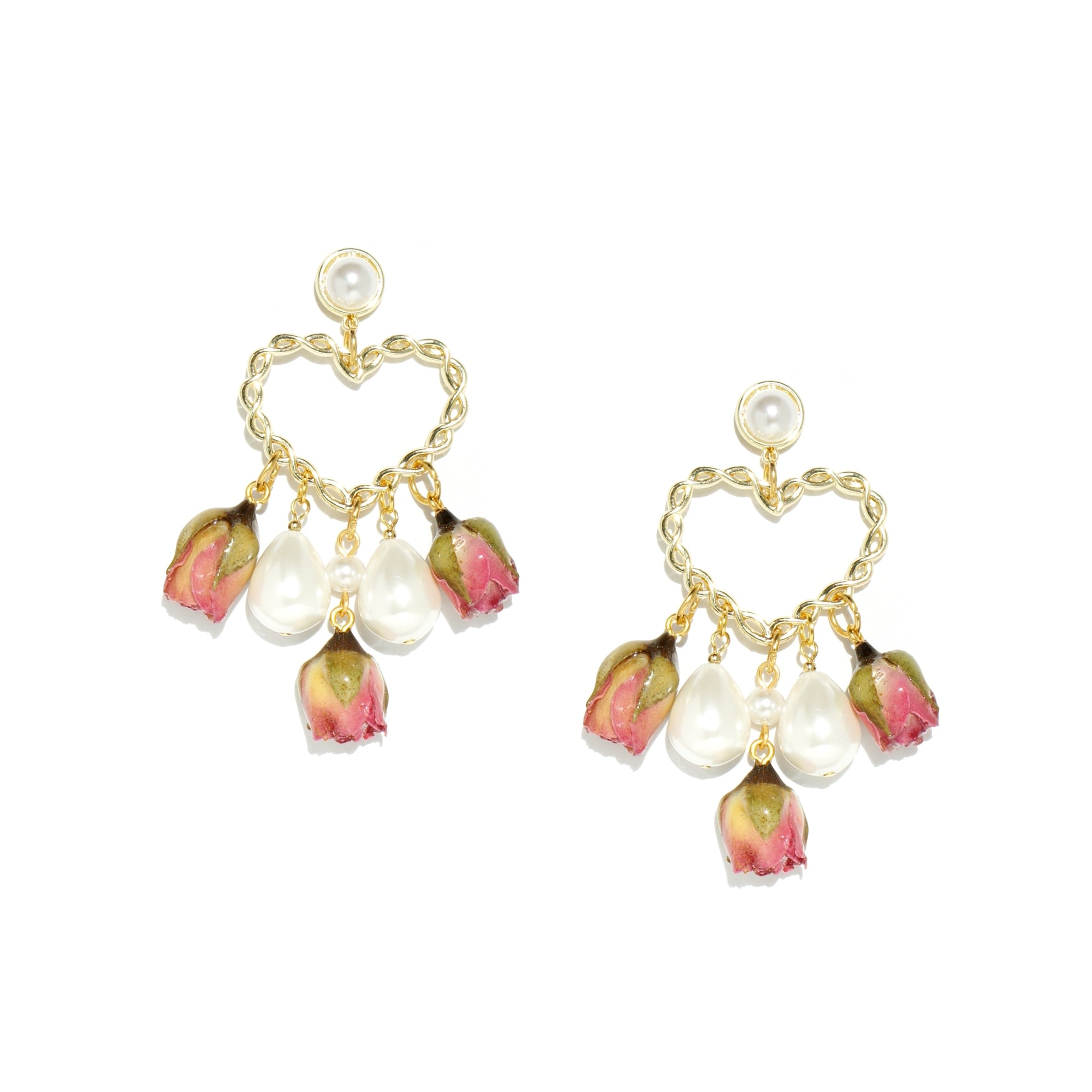 Women’s Pink / Purple Real Flower Ingrid Rosebud, Pearl And Heart Drop Earrings With Pearl Studs I’mmany London