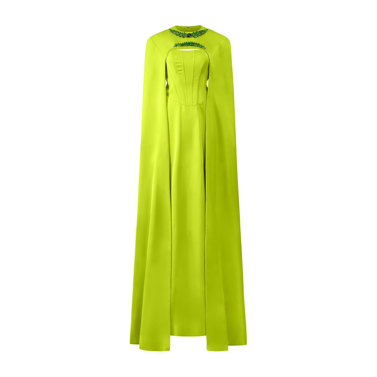 Women’s Green Acid Lime Silk Bustier Dress With Elongated Vault Cut Cape Small I. h.f Atelier