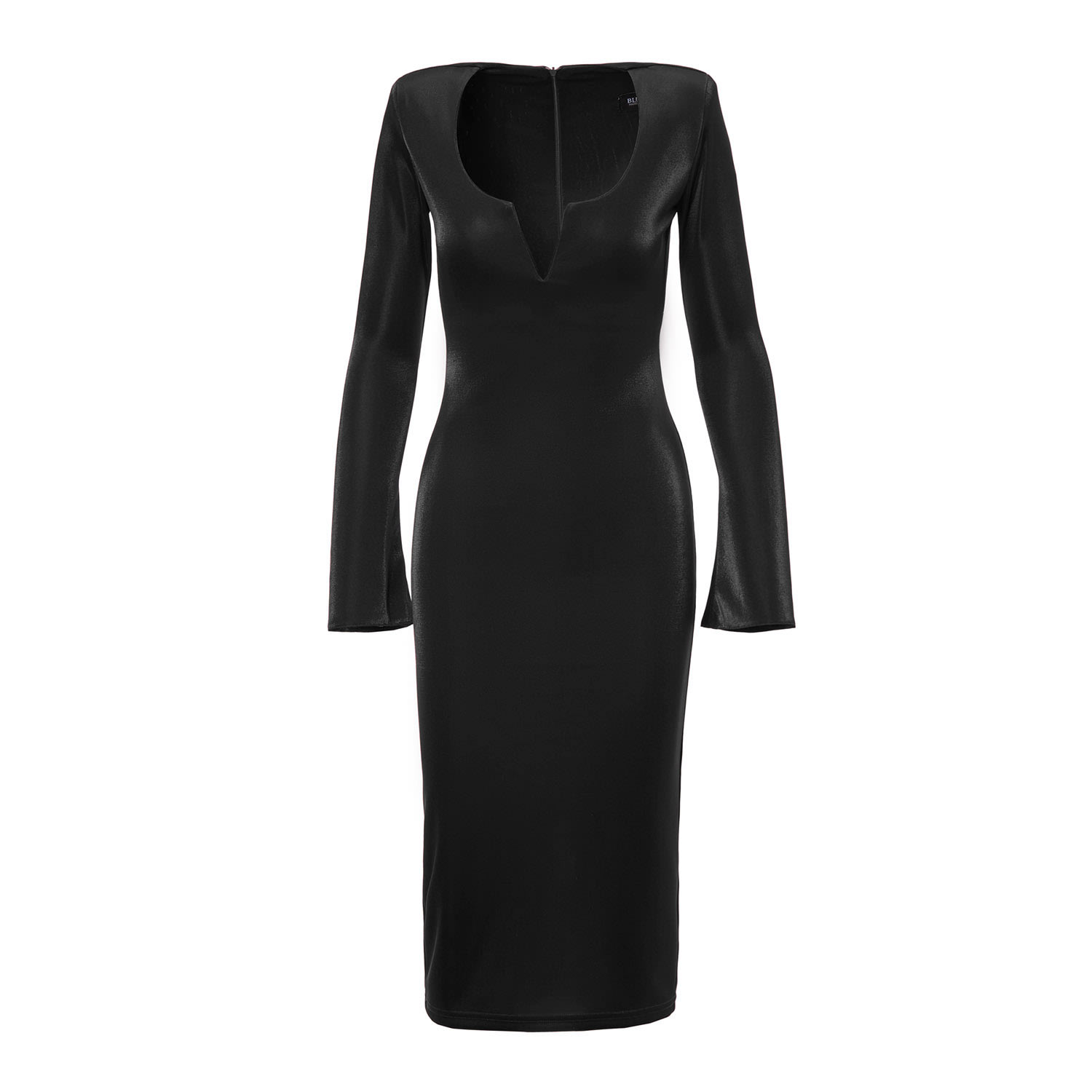 Women’s Black Bodycon Midi Dress With V-Neck Detail And Structured Shoulders Medium Bluzat