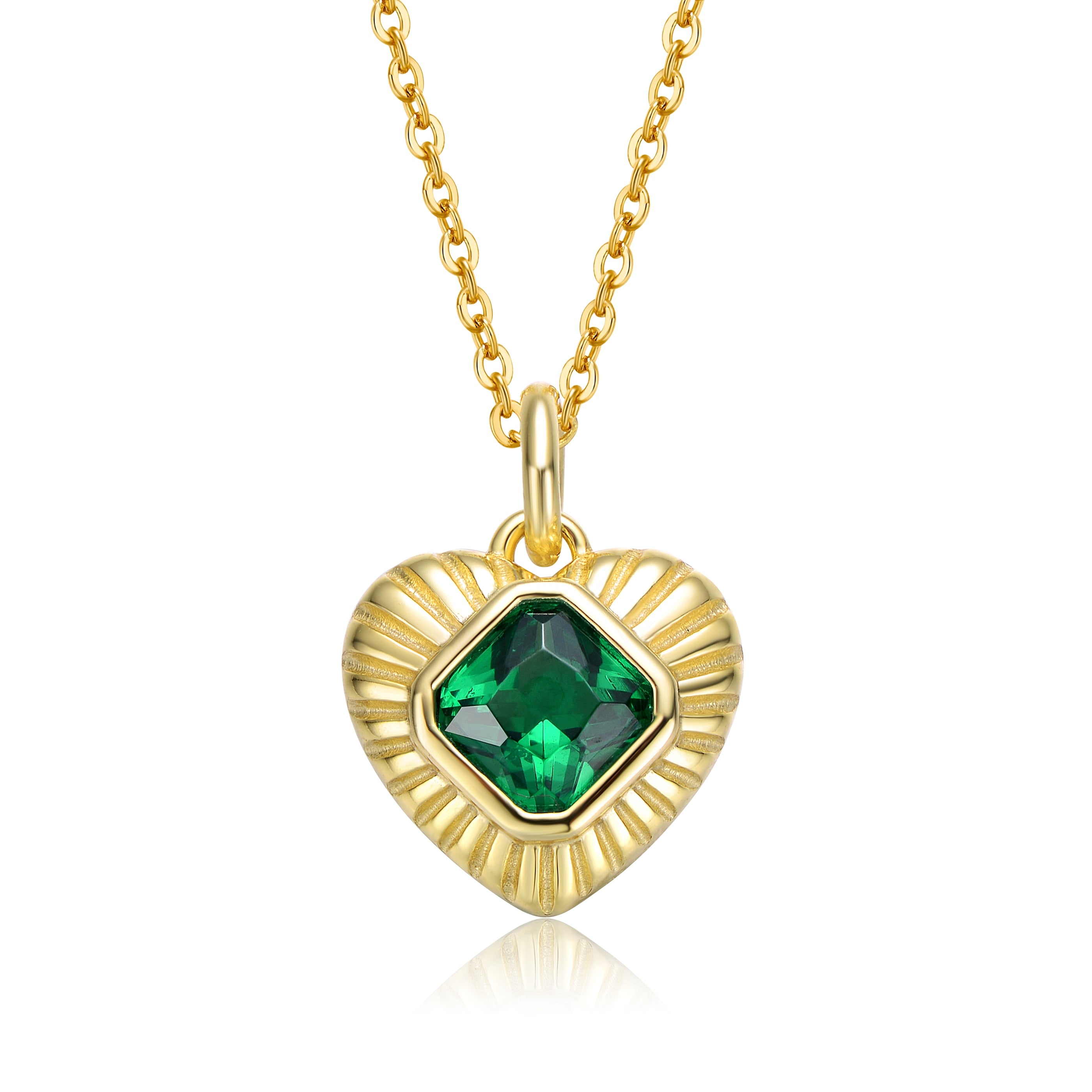 Women’s Green / Gold Sterling Silver Yellow Gold Plated With Emerald Cubic Zirconia Sunray Heart Pendant Necklace Genevive Jewelry