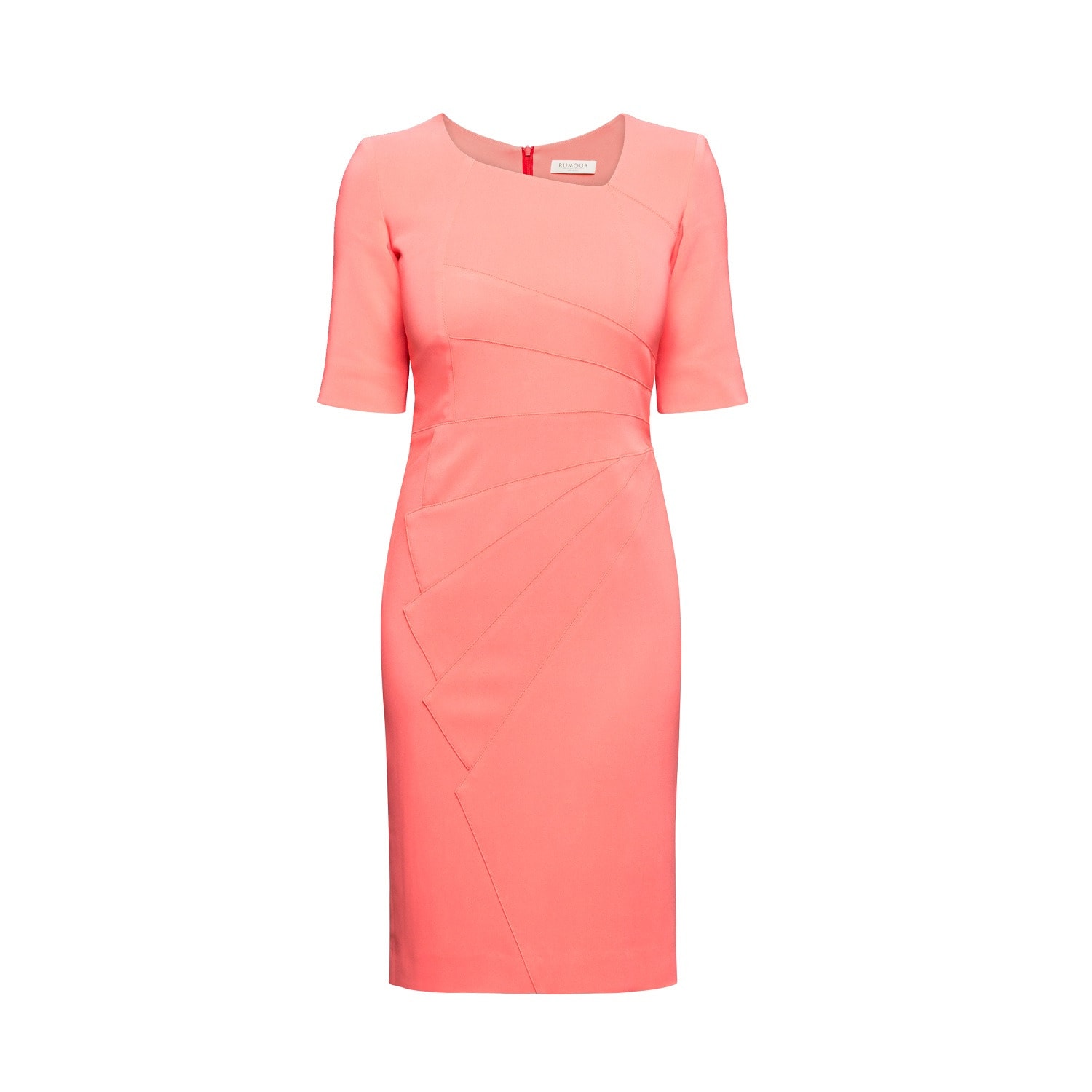 Women’s Red Amelie Fitted Knee Length Dress With Asymmetrical Neckline In Coral Medium Rumour London