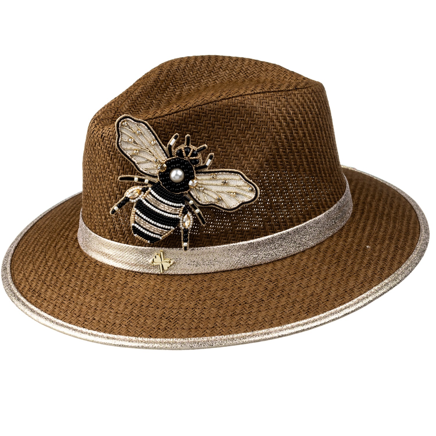 Women’s Brown Straw Woven Hat With Embellished Cream & Gold Bee Brooch - Caramel One Size Laines London