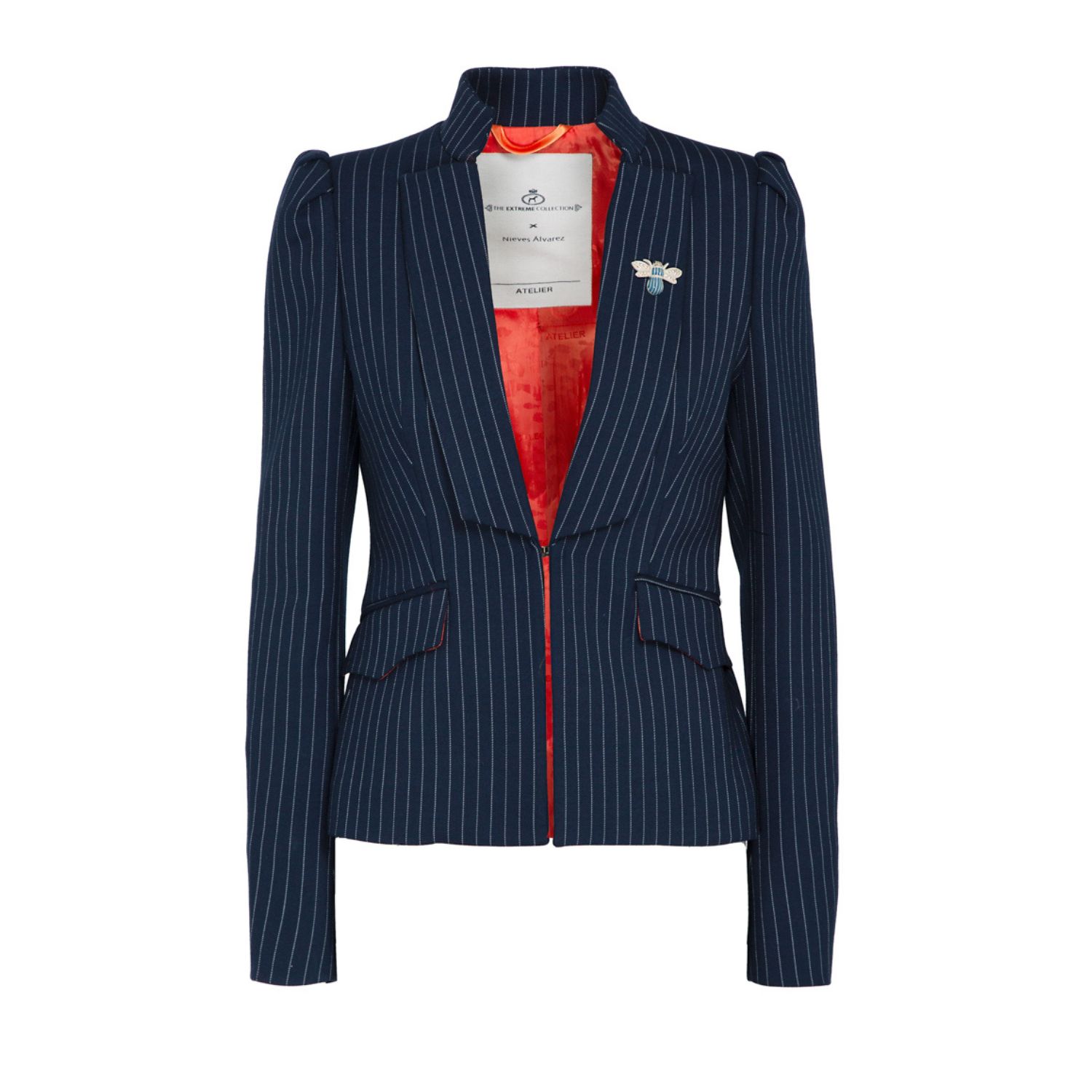 Women’s Blue Navy Pinstripe Premium Crepe Single Breasted Blazer Rue Cambon Medium The Extreme Collection