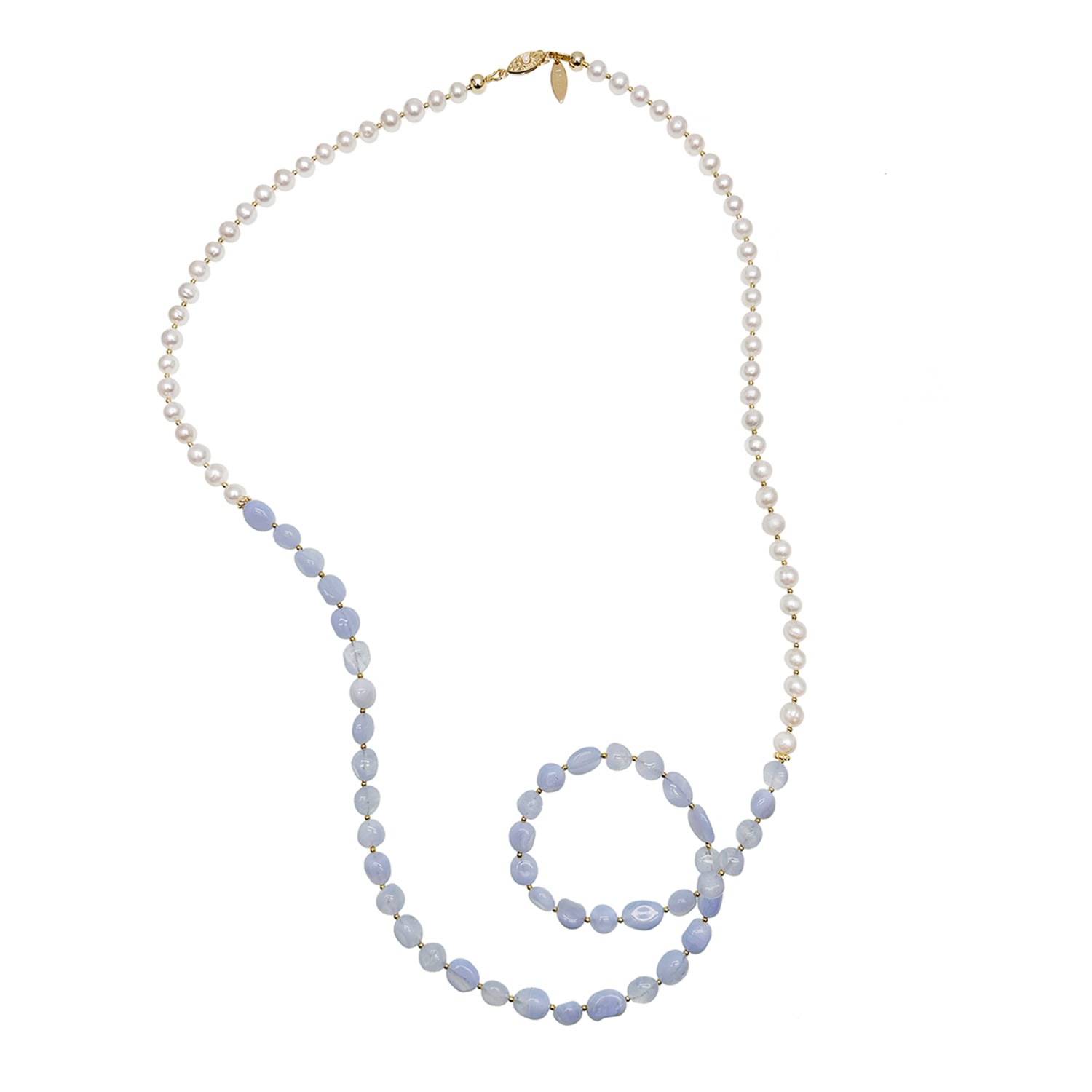 Women’s Blue / White White Freshwater Pearls And Blue Lace Agate Long Necklace Farra