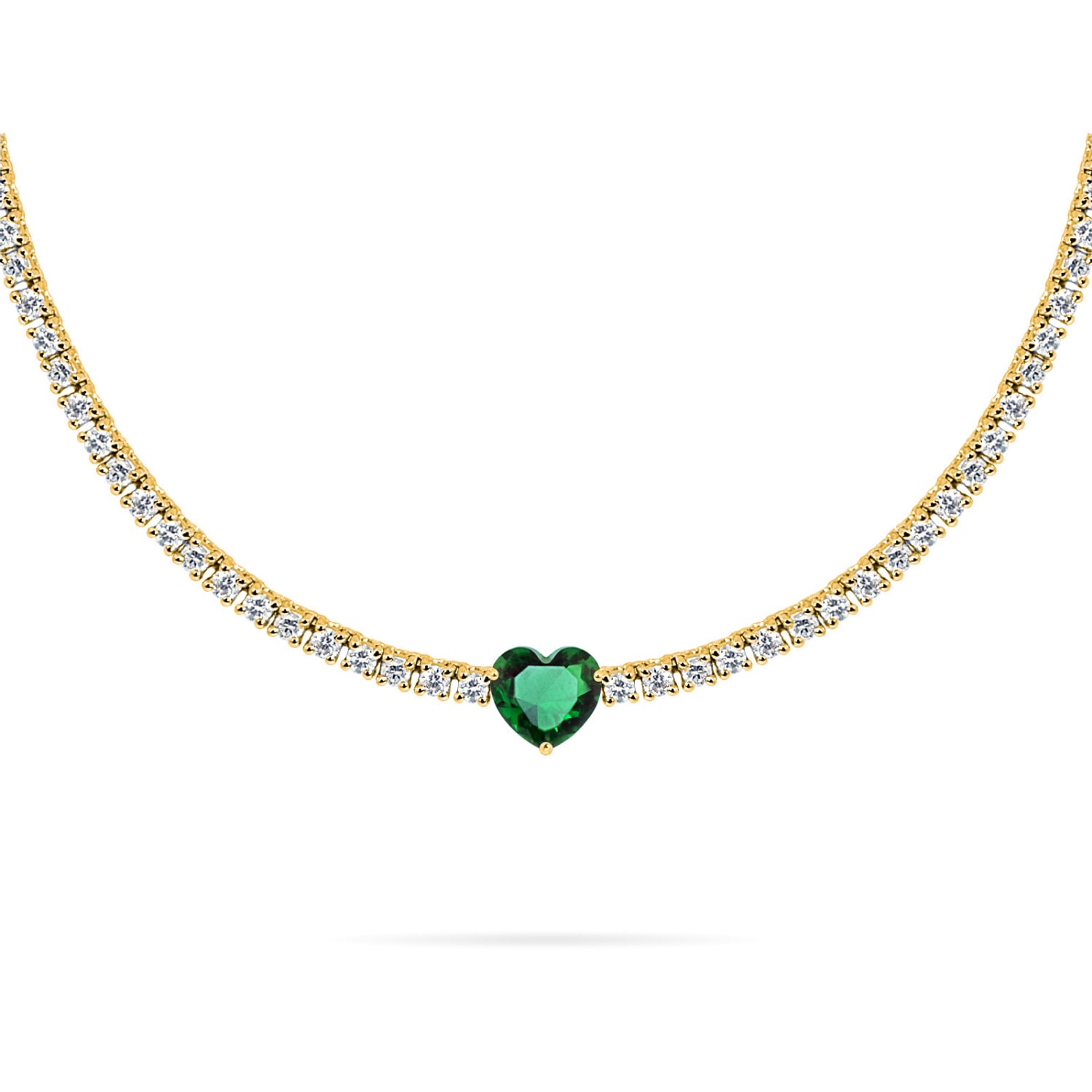 Women’s Choker Tennis Scarlett 3Ct Emerald Heart Precious Stone, Diamonds & 18K Yellow Gold Aquae Jewels