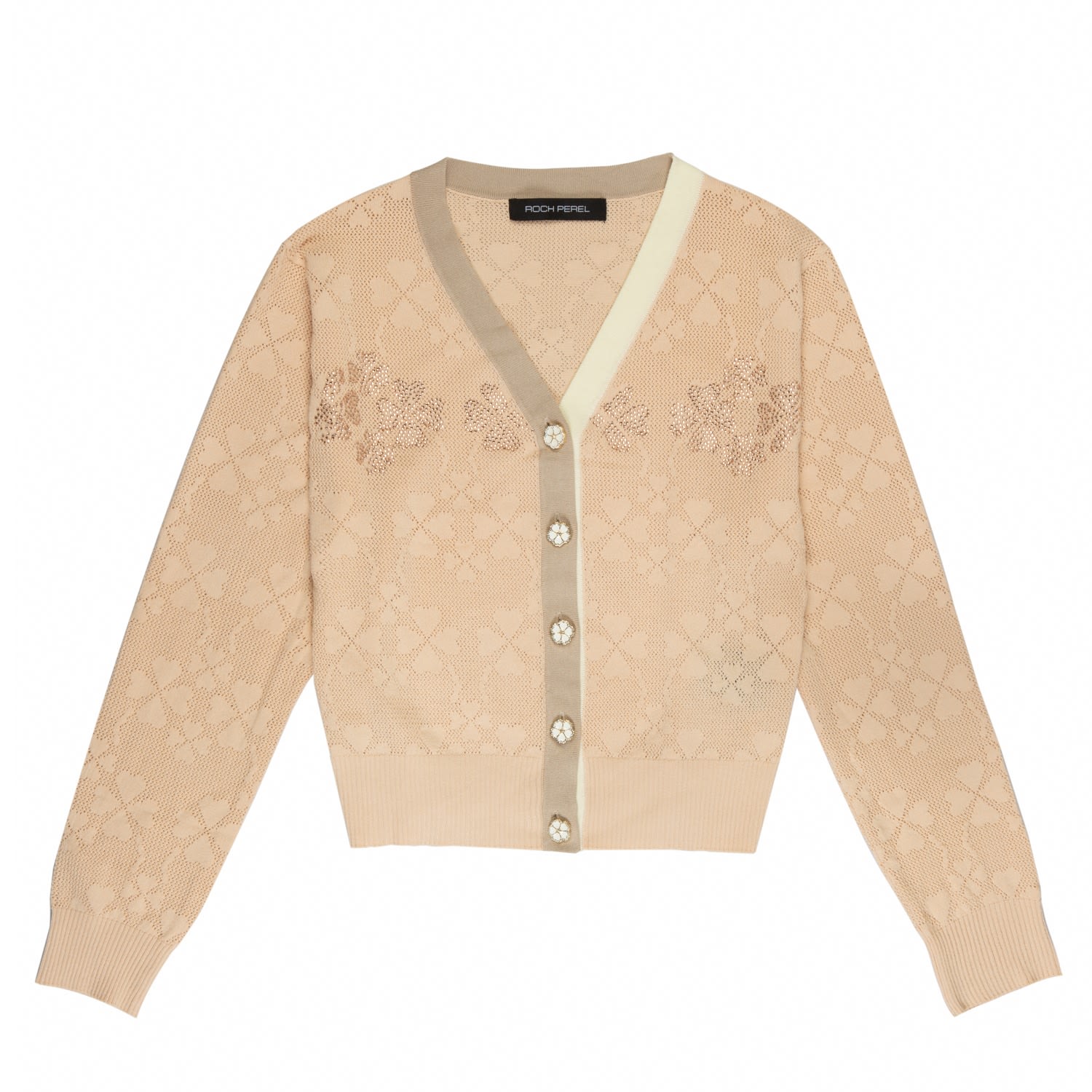 Women’s Neutrals Apricot Pointelle Floral Stud Cardigan Large Roch Perel