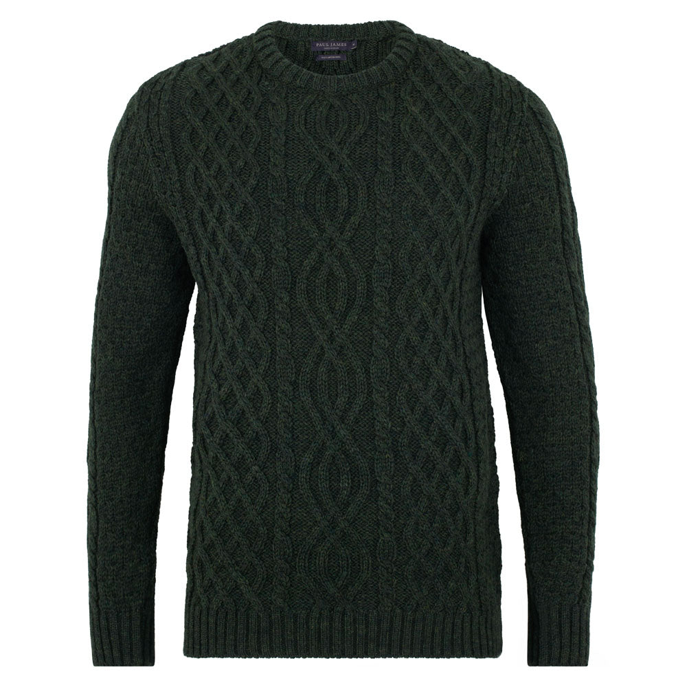 Mens British Wool Aran Jarvis Cable Sweater - Green Medium Paul James Knitwear