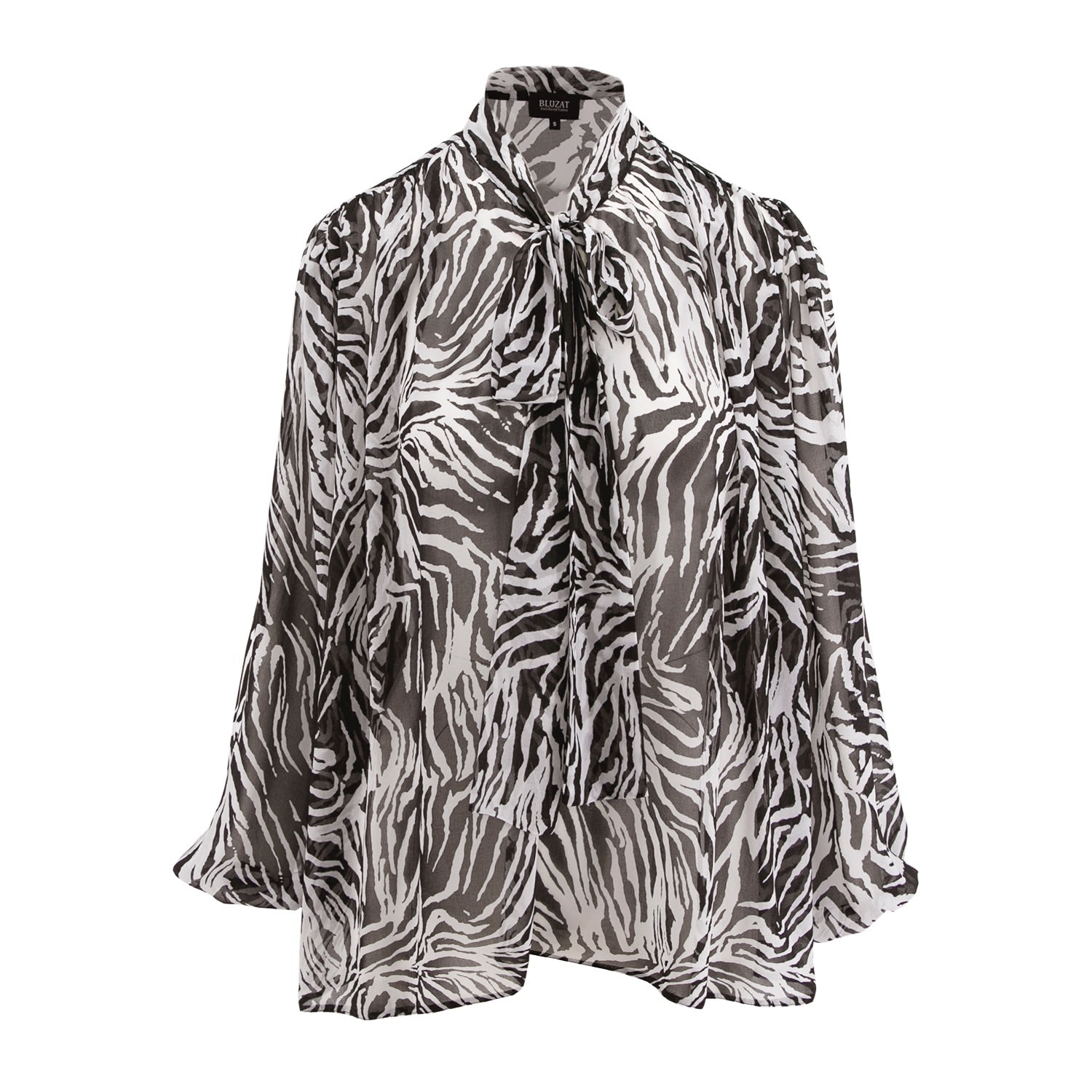 Women’s Black Zebra Chiffon Blouse With Draped Shoulders & Bow Ribbon Small Bluzat