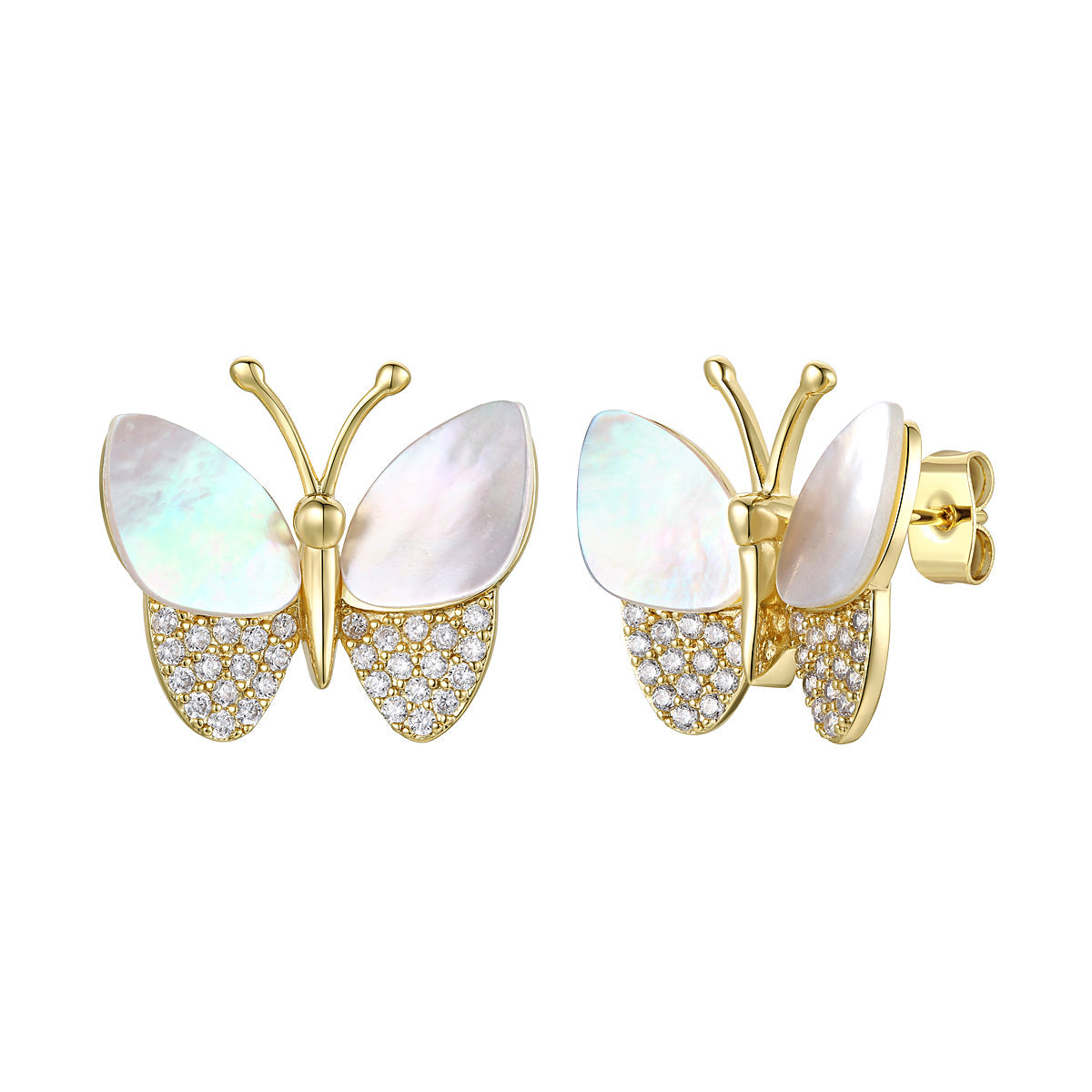 Women’s Gold / White Rachel Glauber Gold Plated Sterling Silver With Mother Of Pearl & Diamond Cubic Zirconia Butterfly Stud Earrings Genevive Jewelry