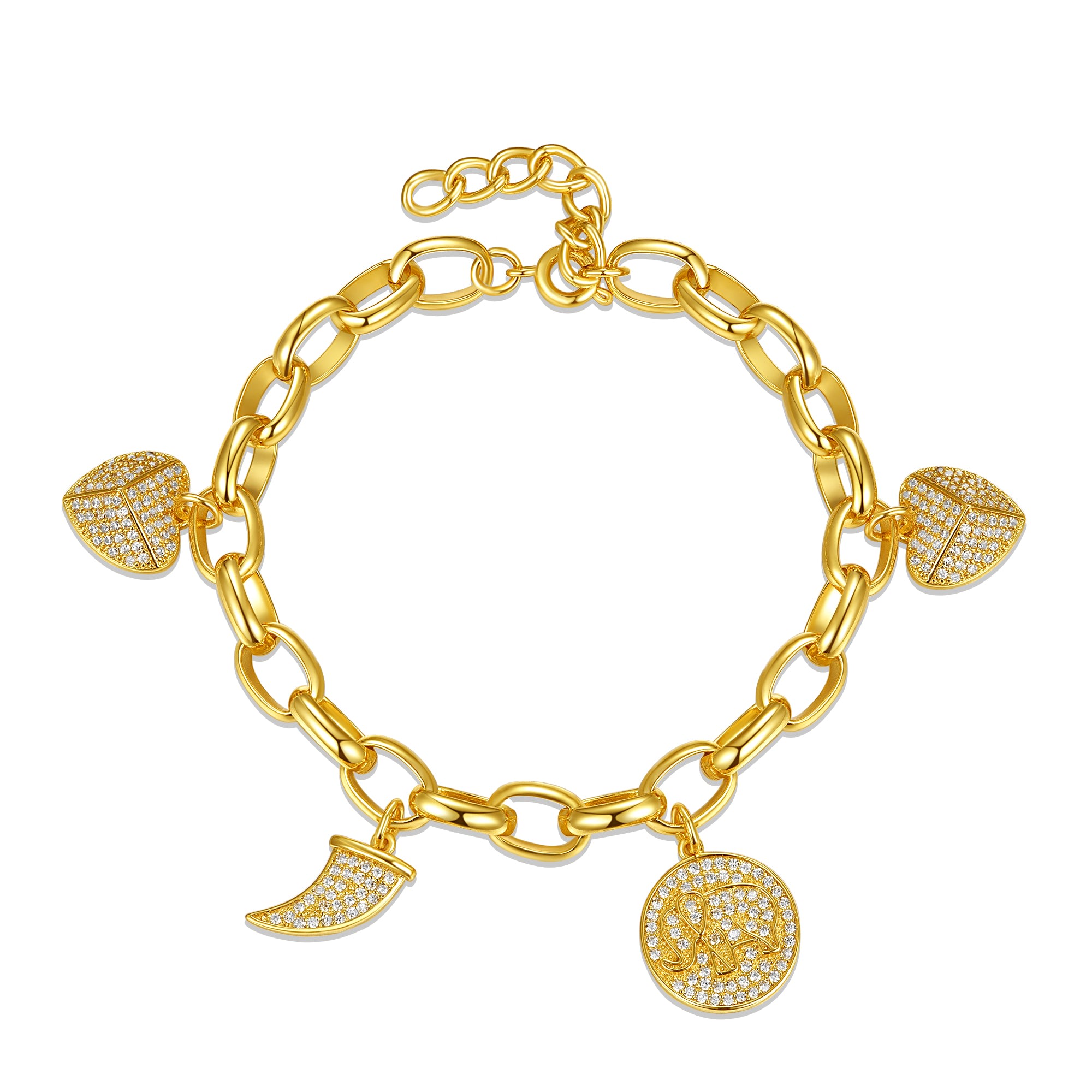 Women’s Gold / White Rachel Glauber Yellow Gold Plated With Cubic Zirconia Tusk, Elephant & Heart Dangle Charm Adjustable Bracelet Genevive Jewelry