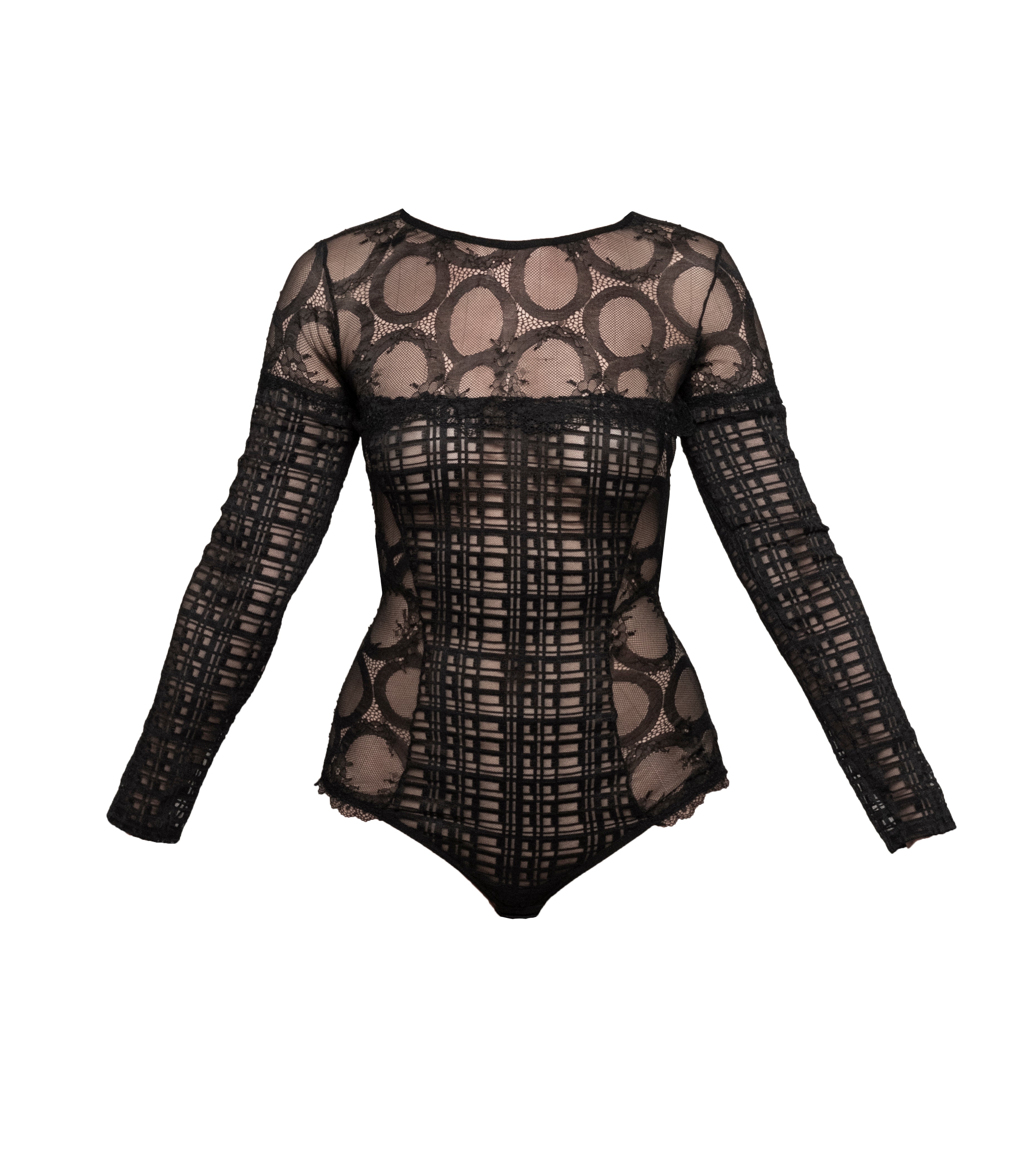 Women’s Black Mind Games Lace & Check Tulle Long Sleeve Bodysuit Medium Carol Coelho