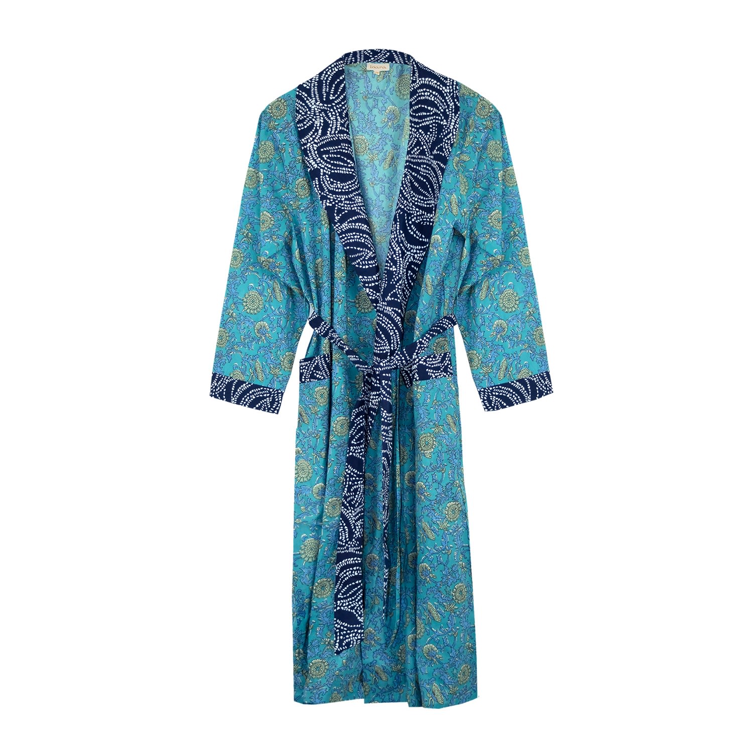 Women’s Green Indian Cotton Waterlily Print Robe S/M Inara