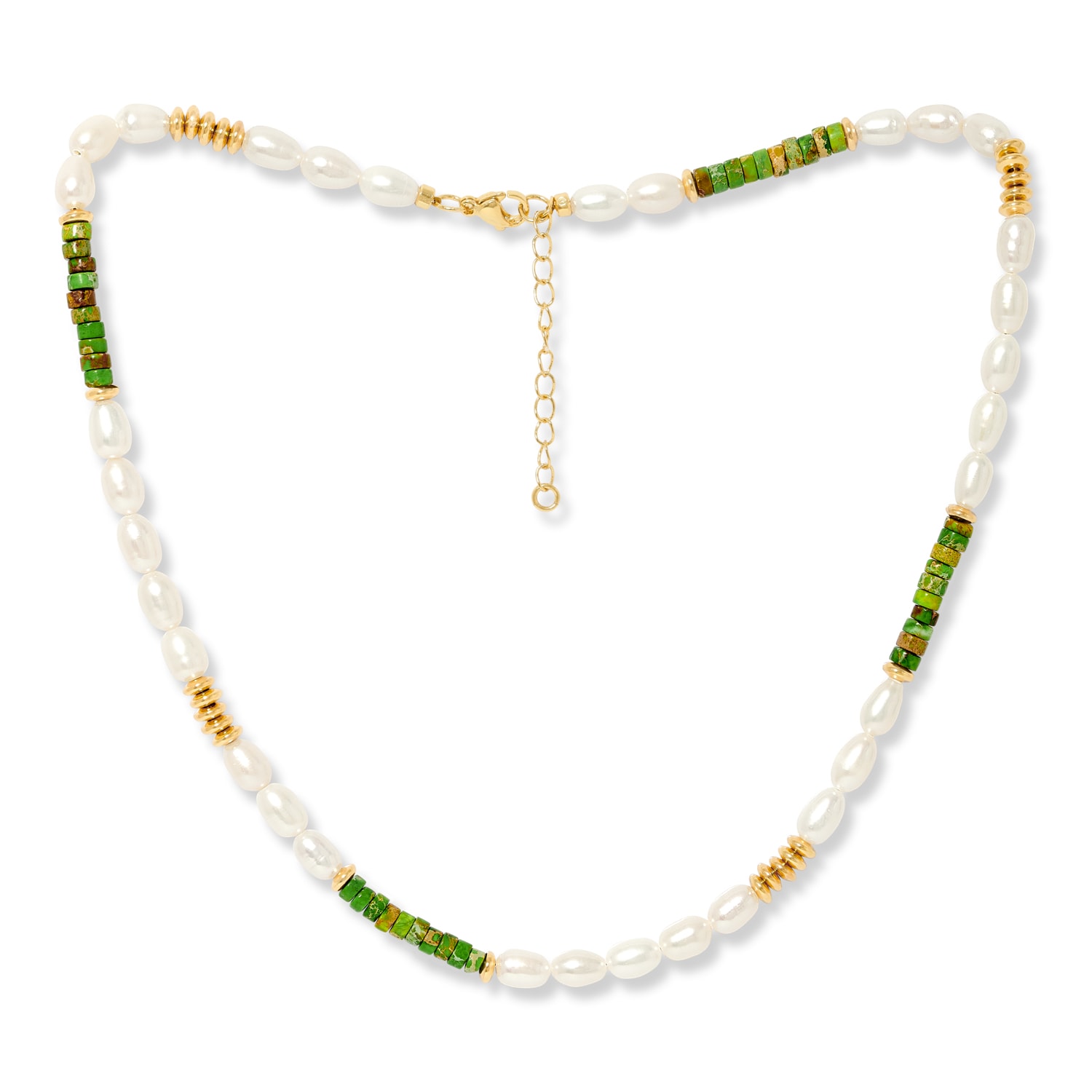 Women’s Gold / Green / White Nova Oval Cultured Freshwater Pearls Necklace With Green Jasper & Gold Beads Pearls of the Orient Online