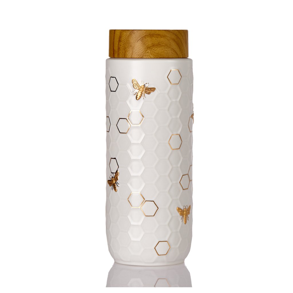 White / Gold Honey Bee Travel Mug 16 Oz - White And Hand- Gold, White Acera