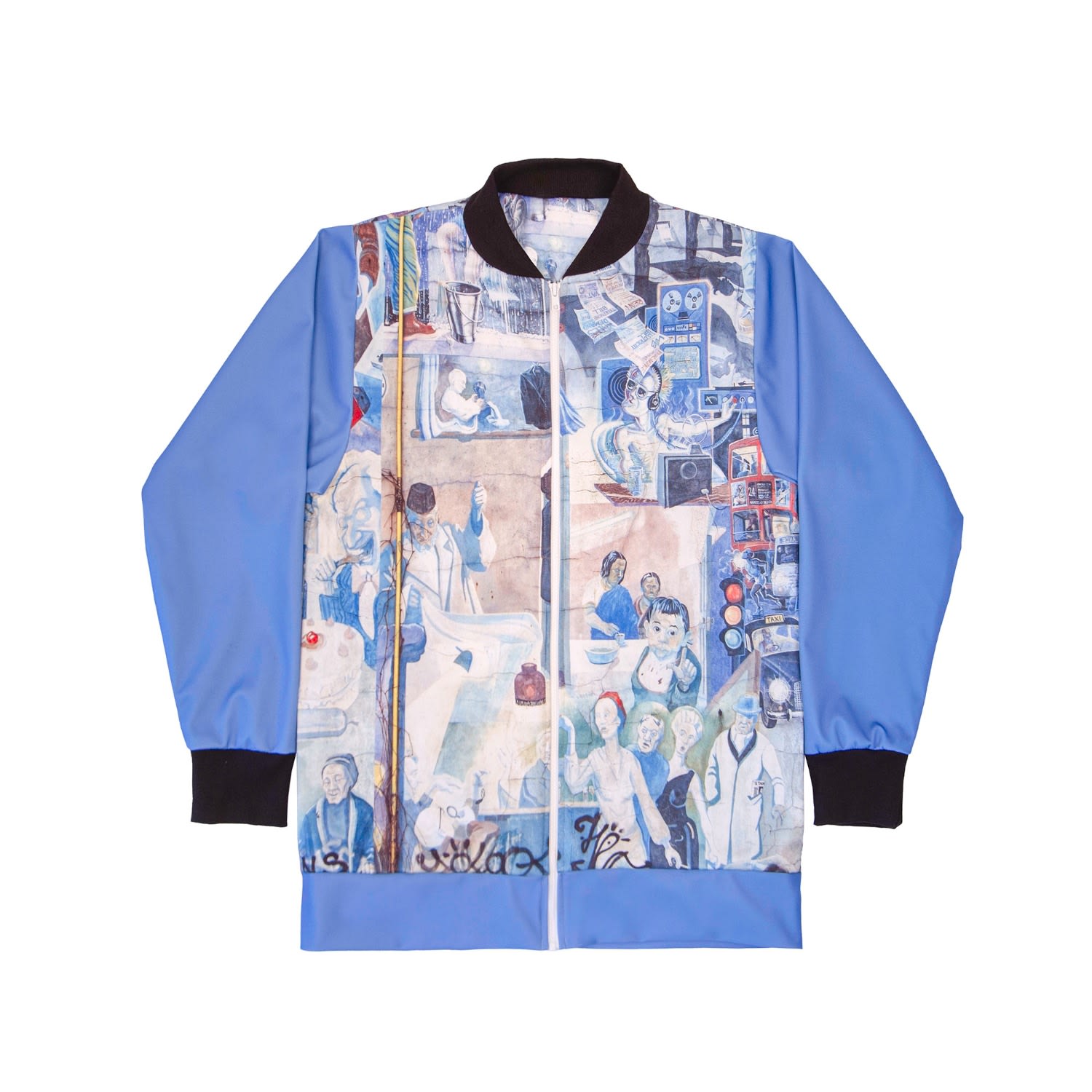 Women’s Bomber Jacket In Blue With Graffiti Print W Small Mysimplicated