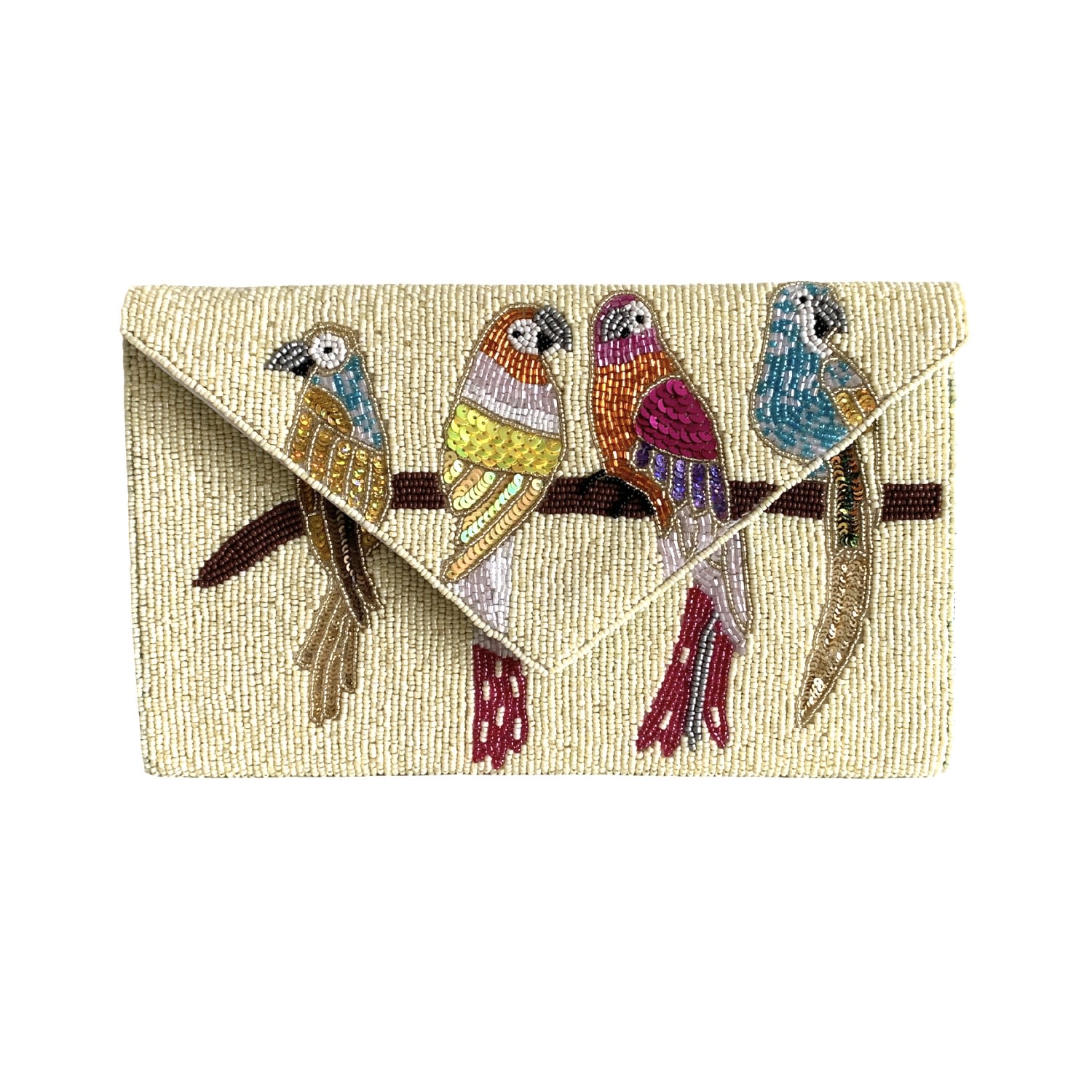 Women’s Neutrals Hand Beaded Clutch Bag Happy Parrots Ivory Beautiful Birds One Size Pick Happy