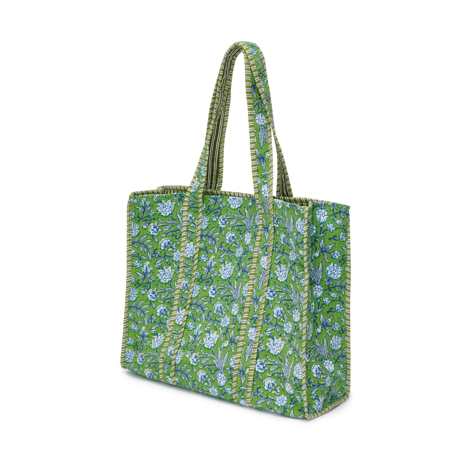 Women’s Cotton Tote Bag In Green With White & Blue Flower At Last...