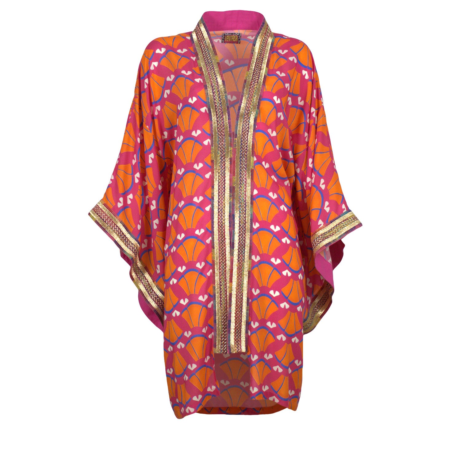 Women’s Multi-Color Abstract Viscose Kimono Embellished With Golden Embroidery Details One Size Lalipop Design