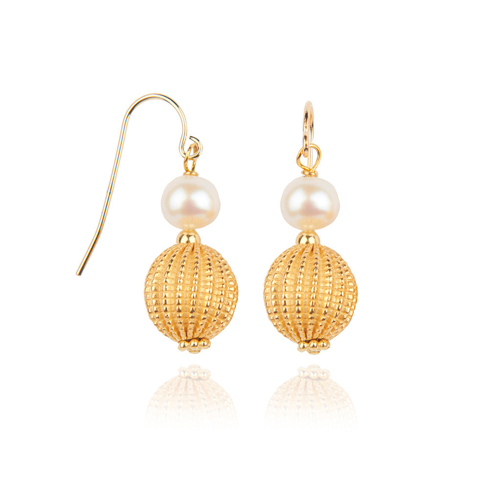 Women’s White / Gold Decus Textured Gold Ball & Cultured Freshwater Pearl Drop Earrings Pearls of the Orient Online