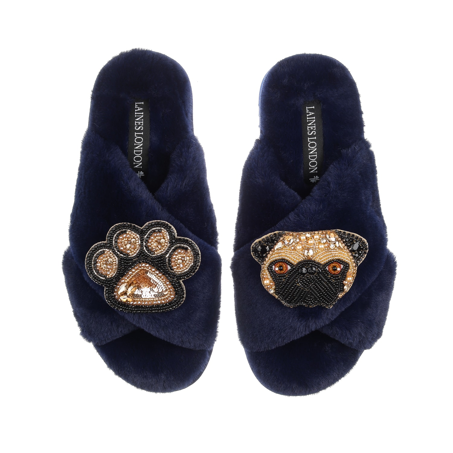 Women’s Blue Classic Laines Slippers With Franki Pug & Paw Brooches - Navy Medium Laines London