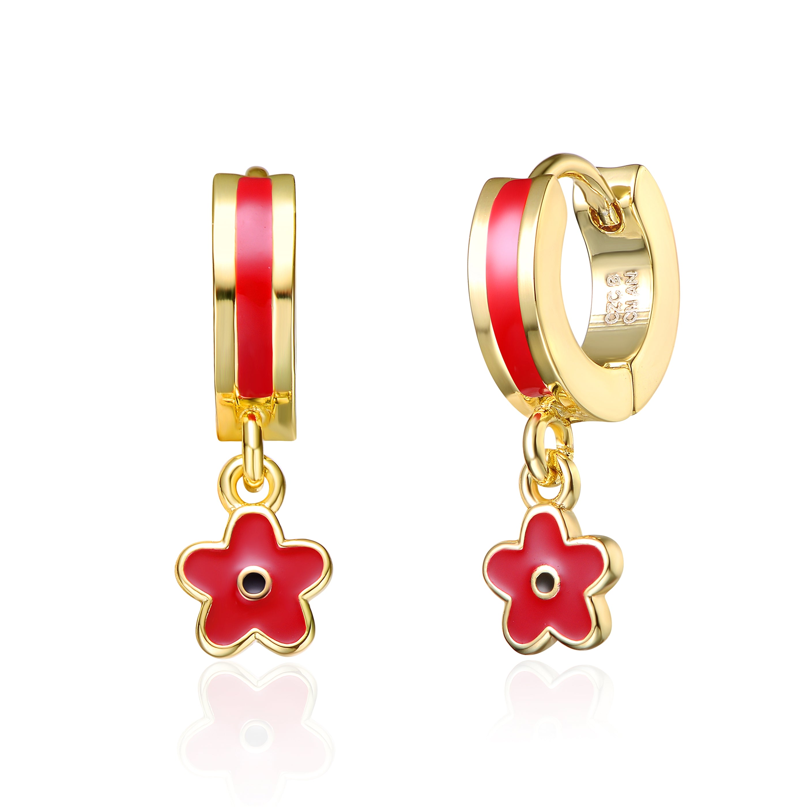 Women’s Gold / Red Rachel Glauber Yellow Gold Plated Red Enamel Dangle Flower Earrings For Kids Genevive Jewelry