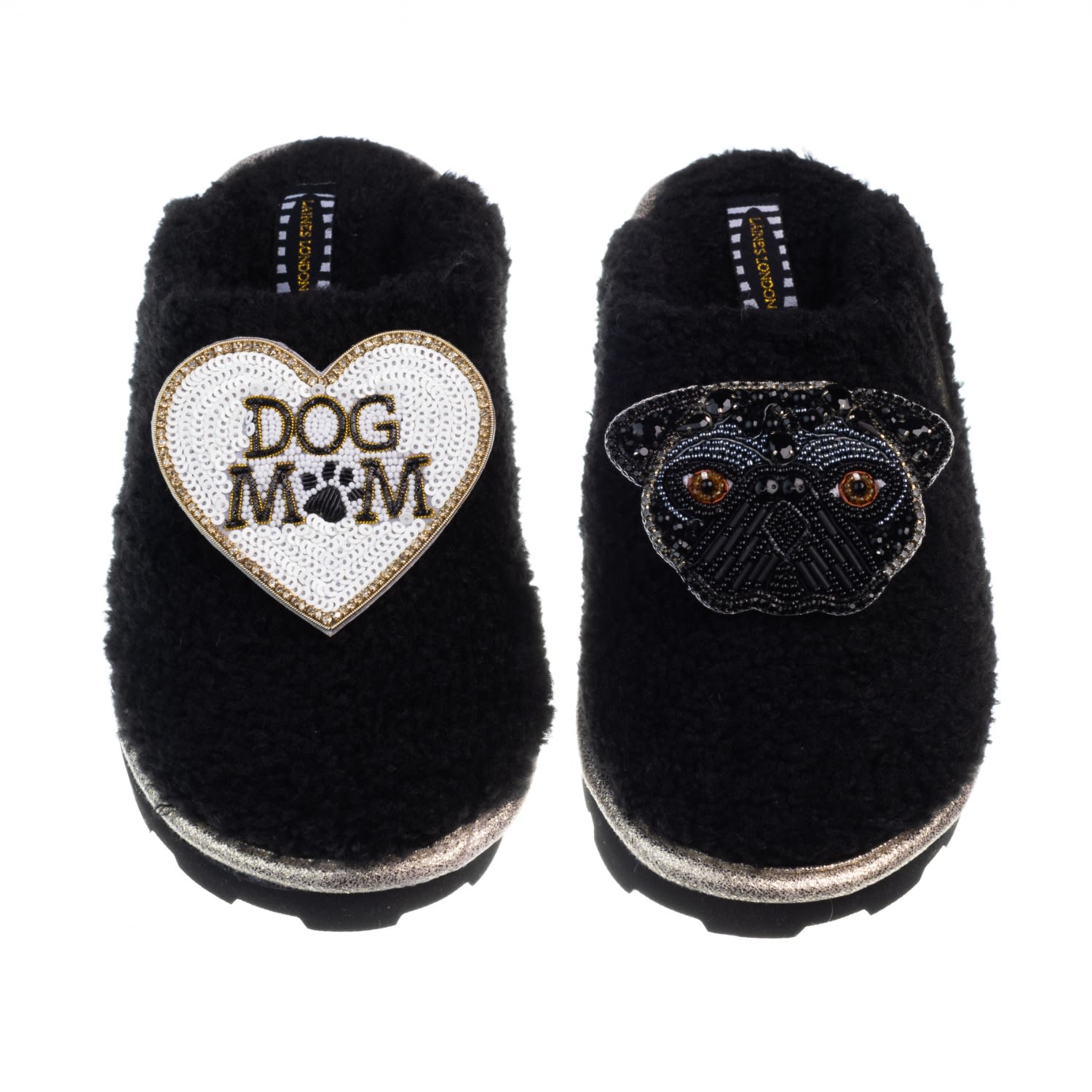 Women’s Teddy Closed Toe Slippers With Snoopy Pug & Dog Mum / Mom Brooches - Black Extra Large Laines London