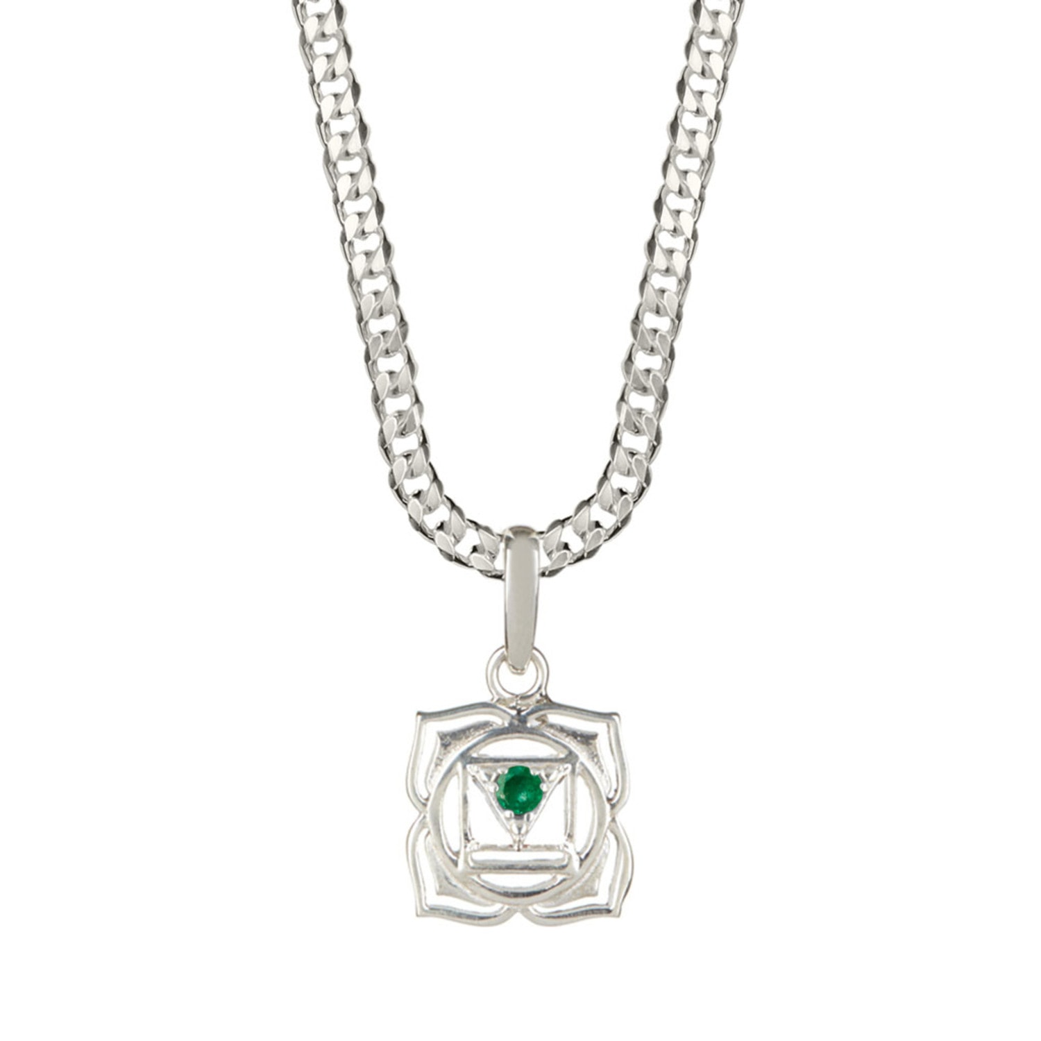 Green / Silver Root Chakra Mens Silver Necklace - Emerald Charlotte’s Web Jewellery