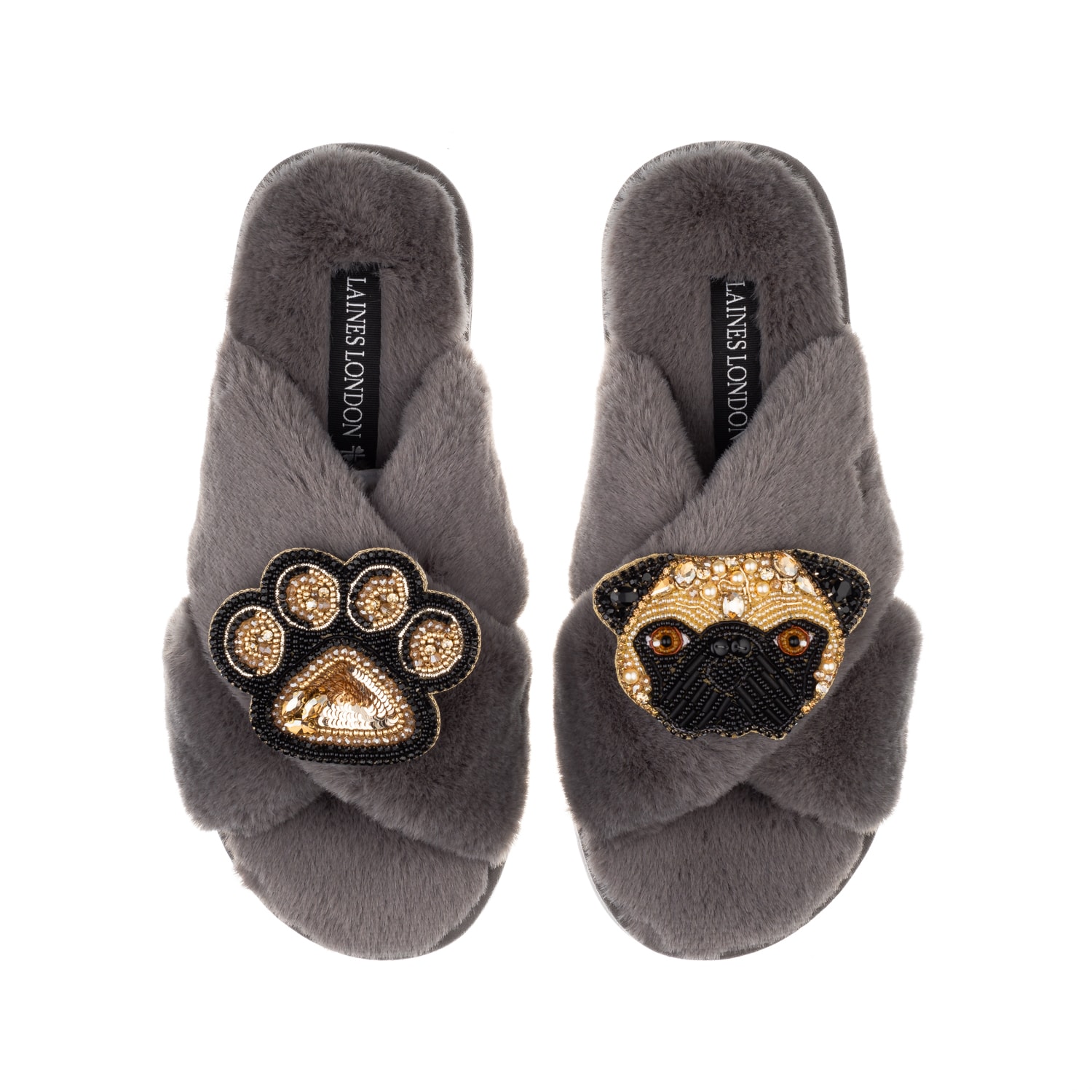 Women’s Classic Laines Slippers With Franki Pug & Paw Brooches - Grey Medium Laines London