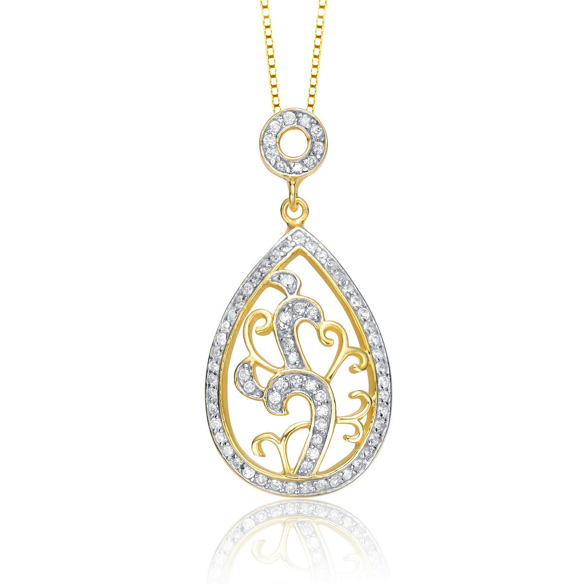 Women’s Gold / White Sterling Silver With Gold Plated Clear Round Cubic Zirconia Cluster Pear Drop Pendant Necklace Genevive Jewelry