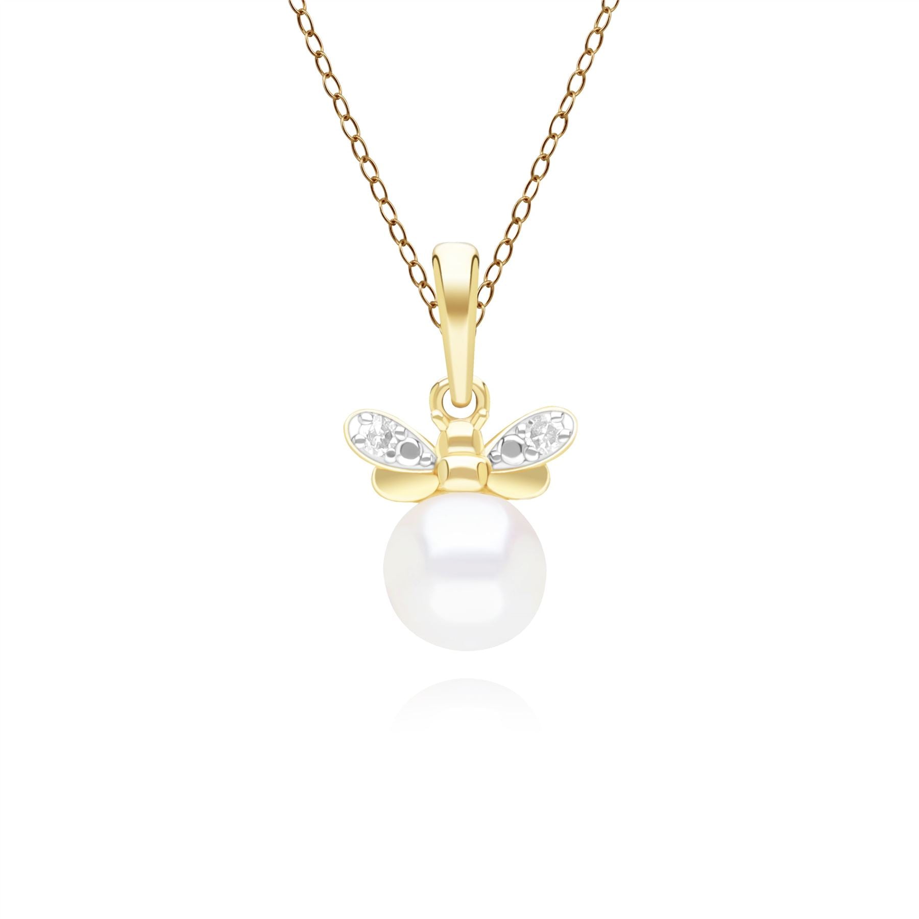 Women’s White Honeycomb Inspired Pearl & Diamond Bee Pendant Necklace In Yellow Gold Gemondo