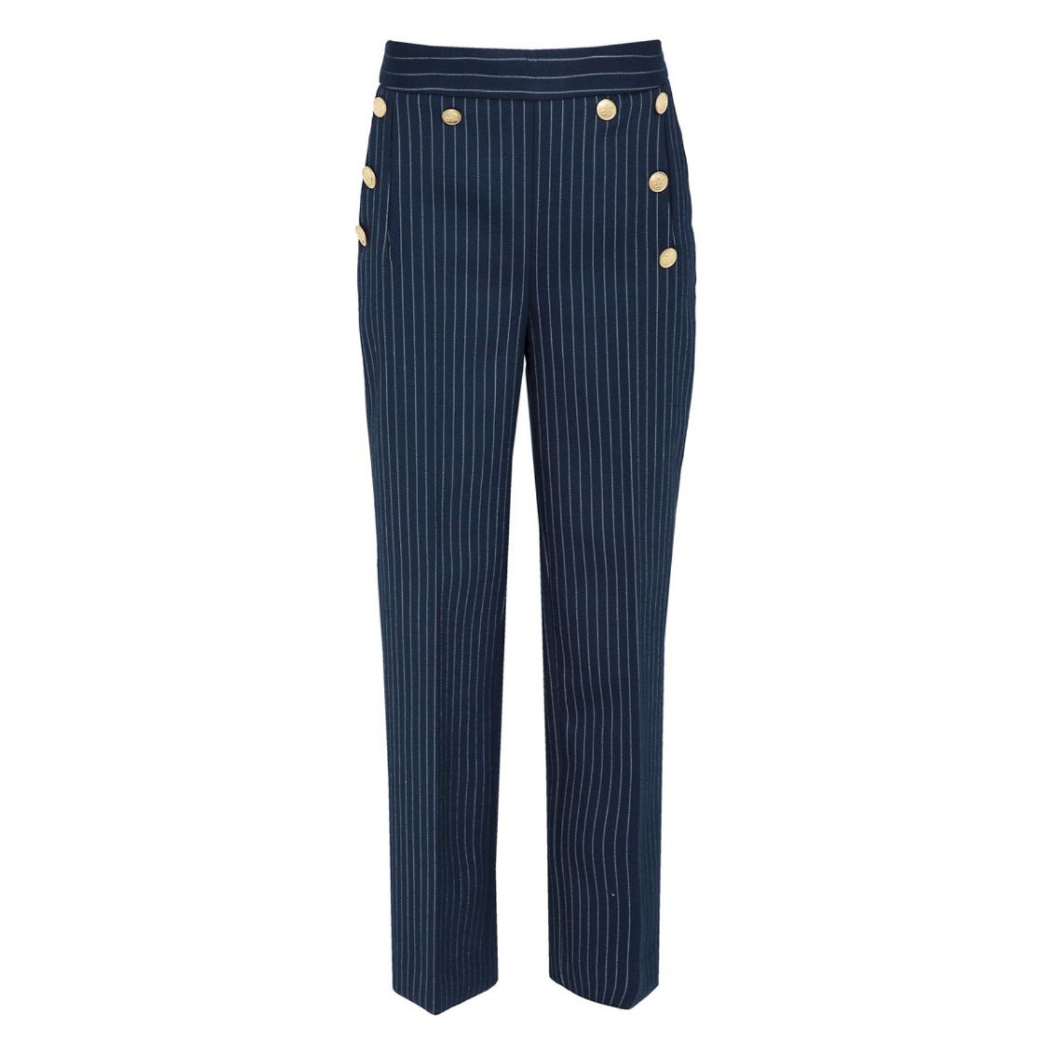 Women’s Blue Navy Pinstripe Premium Crepe Trousers Rue Cambon With Golden Buttons Extra Small The Extreme Collection